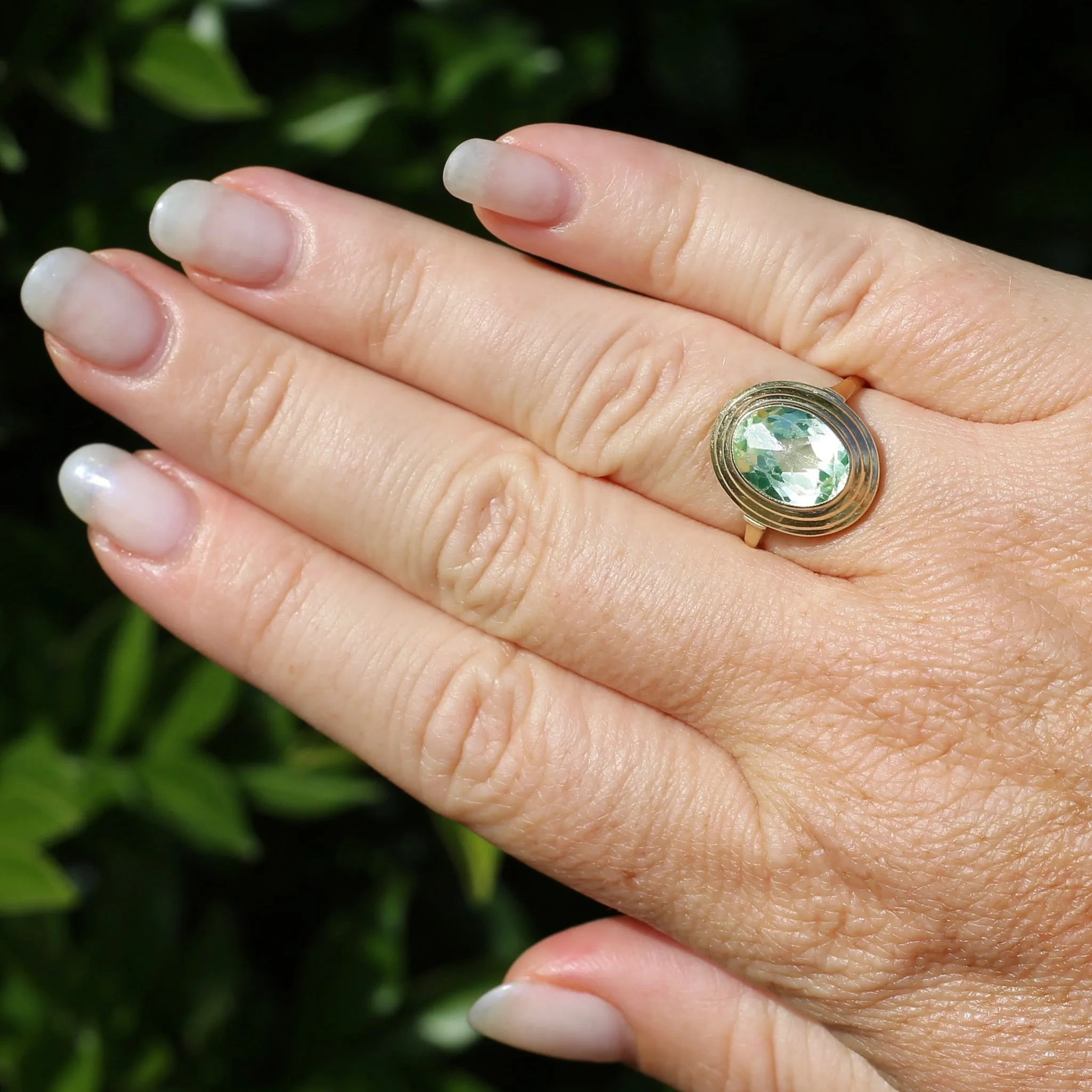 Oval Fancy Cut Uranium Glass Ring, 14ct Yellow Gold, size O1/2 or 7.5