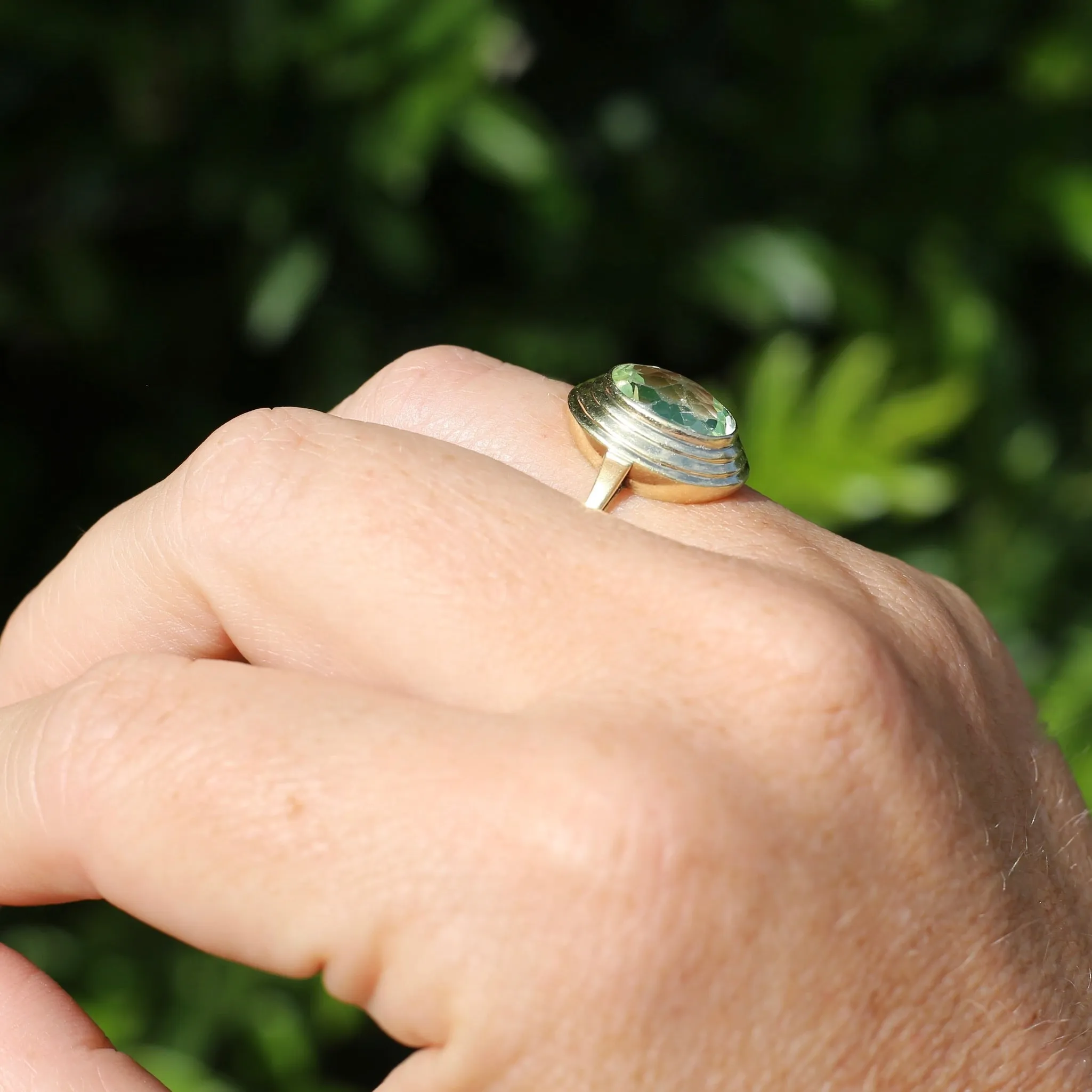 Oval Fancy Cut Uranium Glass Ring, 14ct Yellow Gold, size O1/2 or 7.5