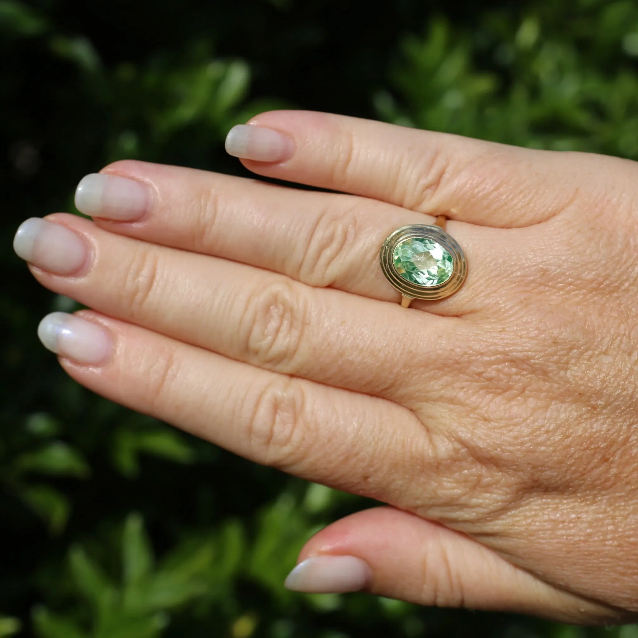 Oval Fancy Cut Uranium Glass Ring, 14ct Yellow Gold, size O1/2 or 7.5