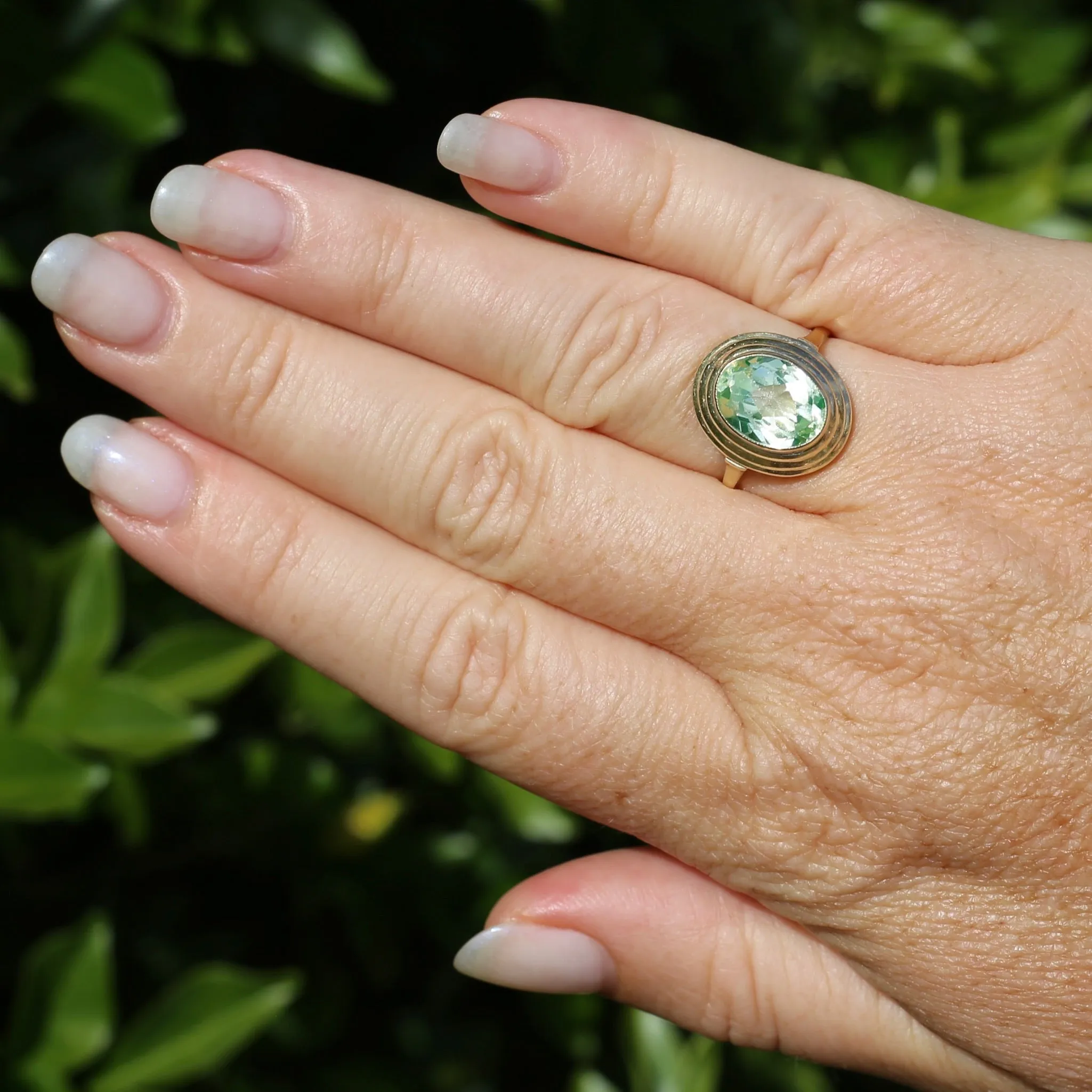 Oval Fancy Cut Uranium Glass Ring, 14ct Yellow Gold, size O1/2 or 7.5