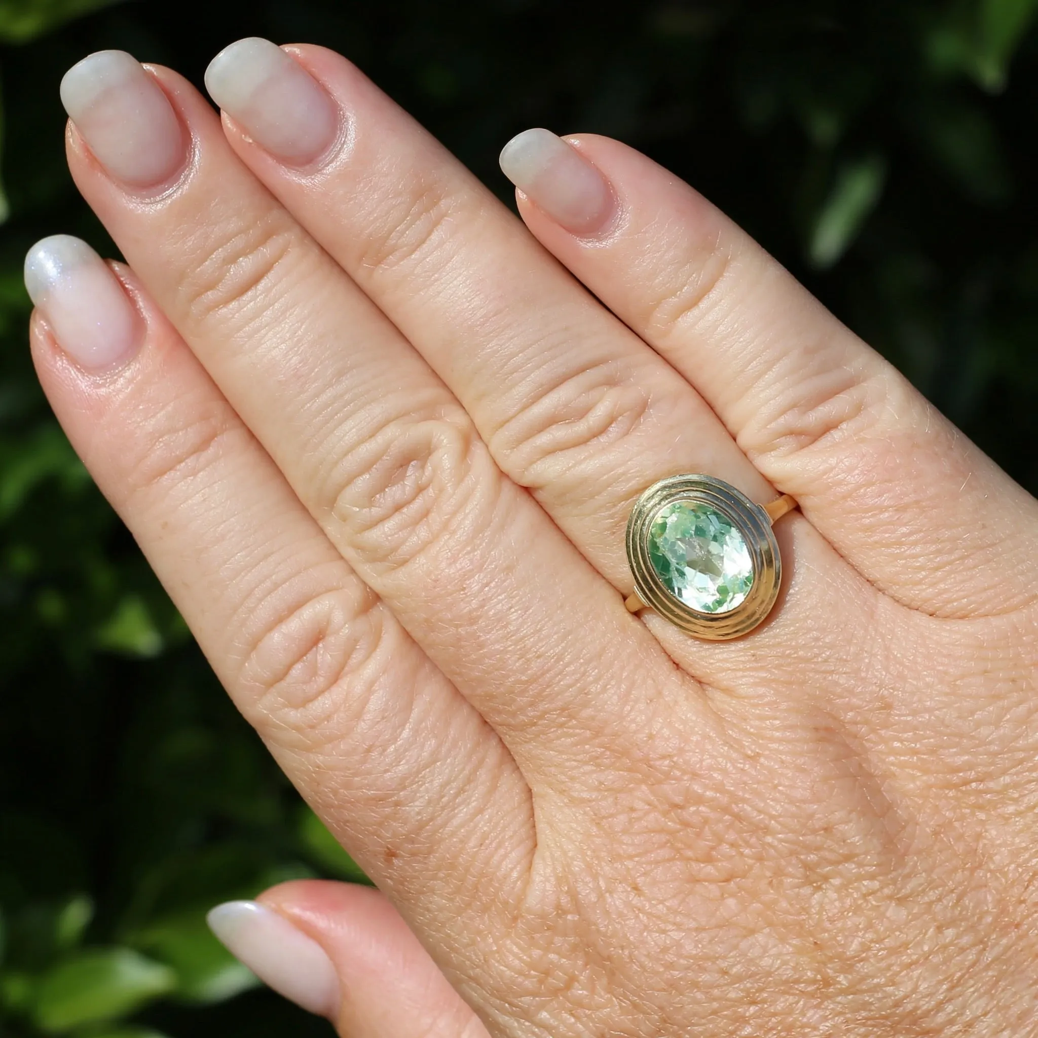 Oval Fancy Cut Uranium Glass Ring, 14ct Yellow Gold, size O1/2 or 7.5