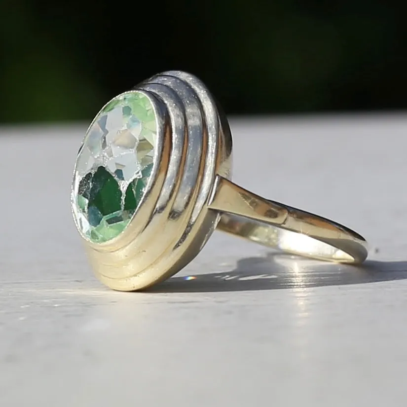 Oval Fancy Cut Uranium Glass Ring, 14ct Yellow Gold, size O1/2 or 7.5