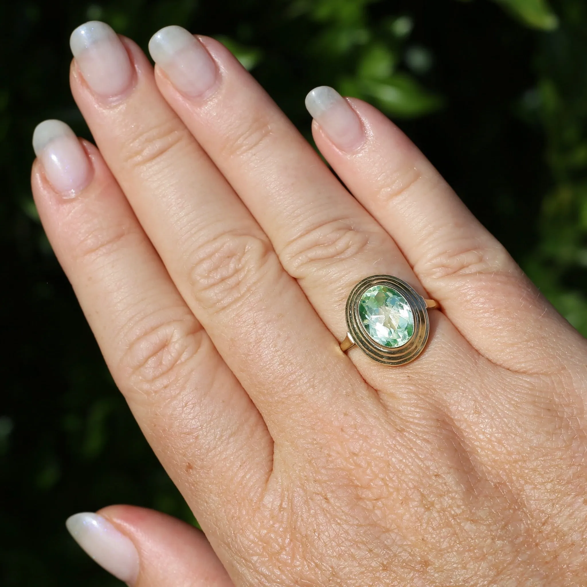 Oval Fancy Cut Uranium Glass Ring, 14ct Yellow Gold, size O1/2 or 7.5
