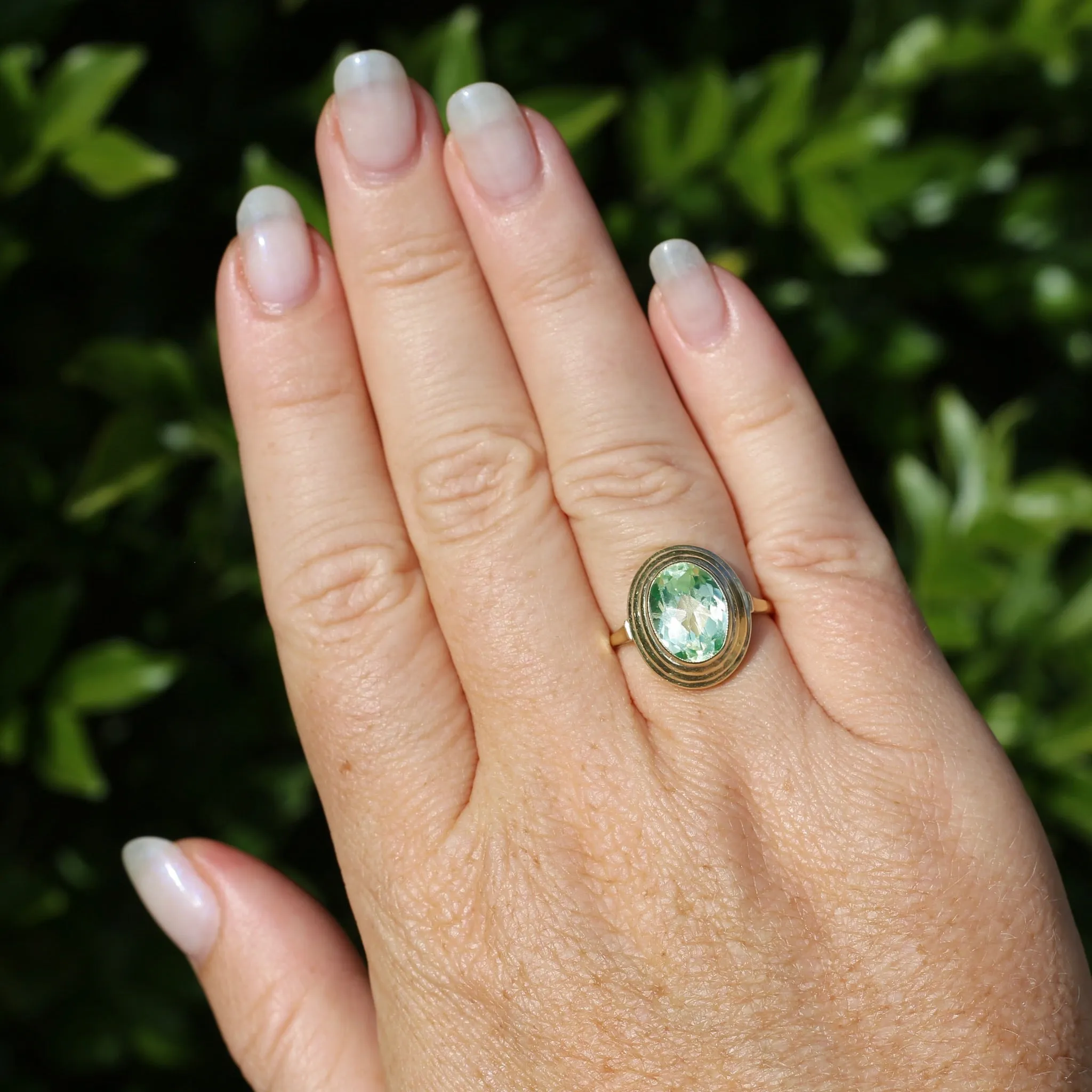 Oval Fancy Cut Uranium Glass Ring, 14ct Yellow Gold, size O1/2 or 7.5