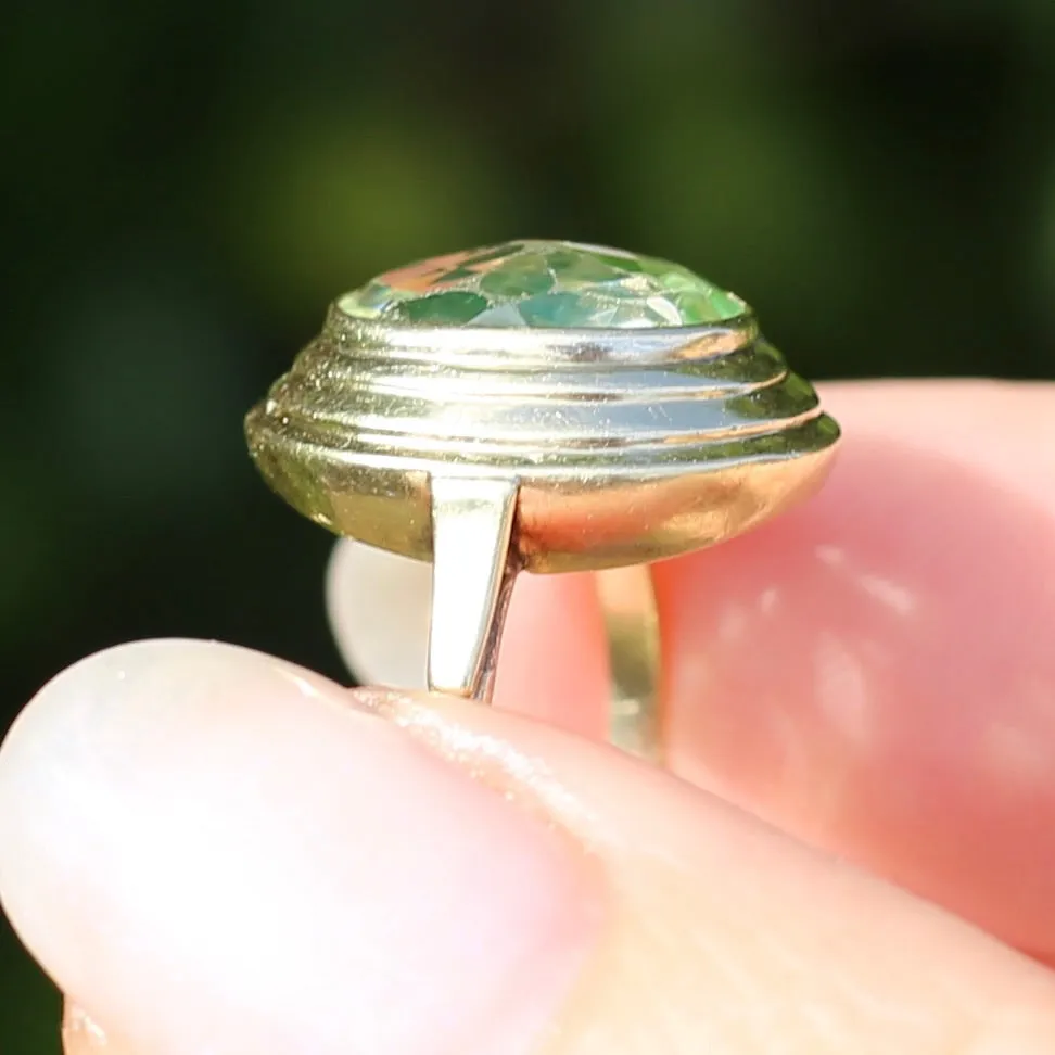 Oval Fancy Cut Uranium Glass Ring, 14ct Yellow Gold, size O1/2 or 7.5