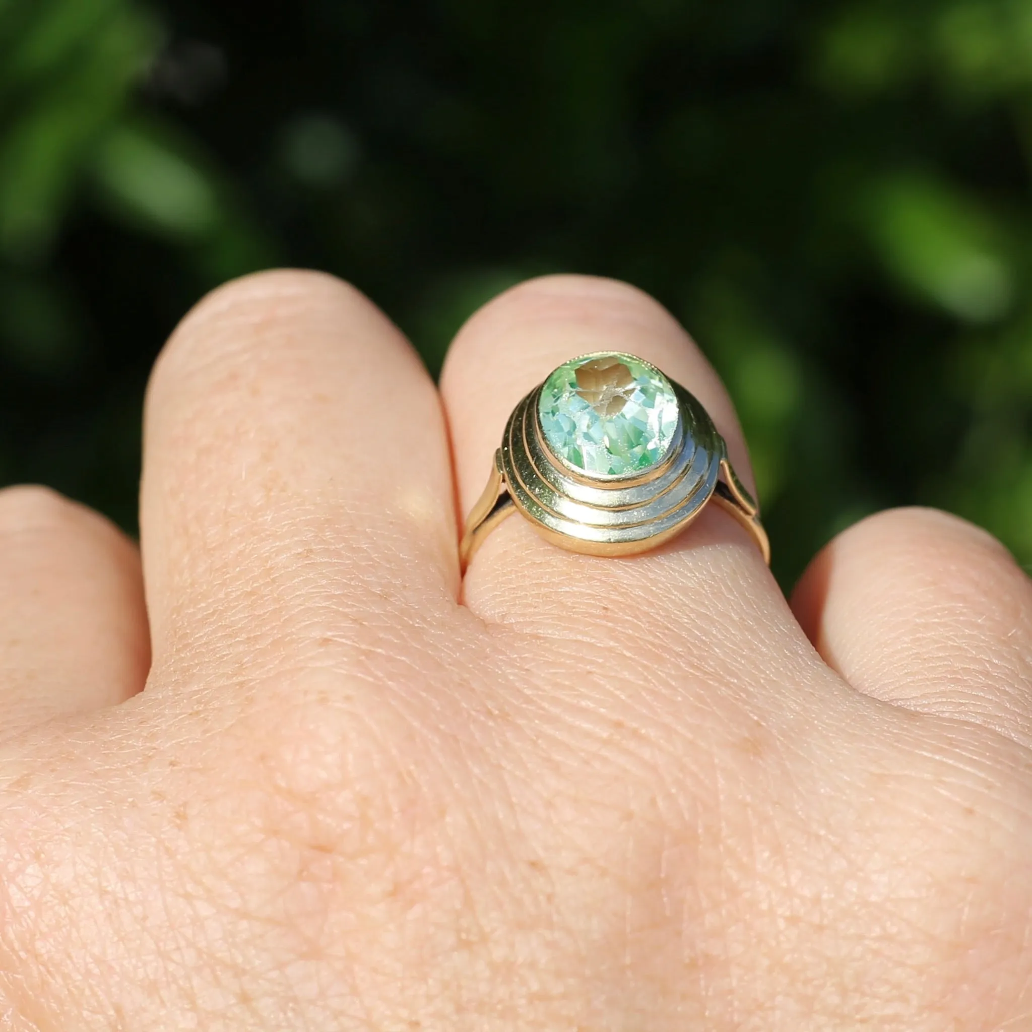 Oval Fancy Cut Uranium Glass Ring, 14ct Yellow Gold, size O1/2 or 7.5
