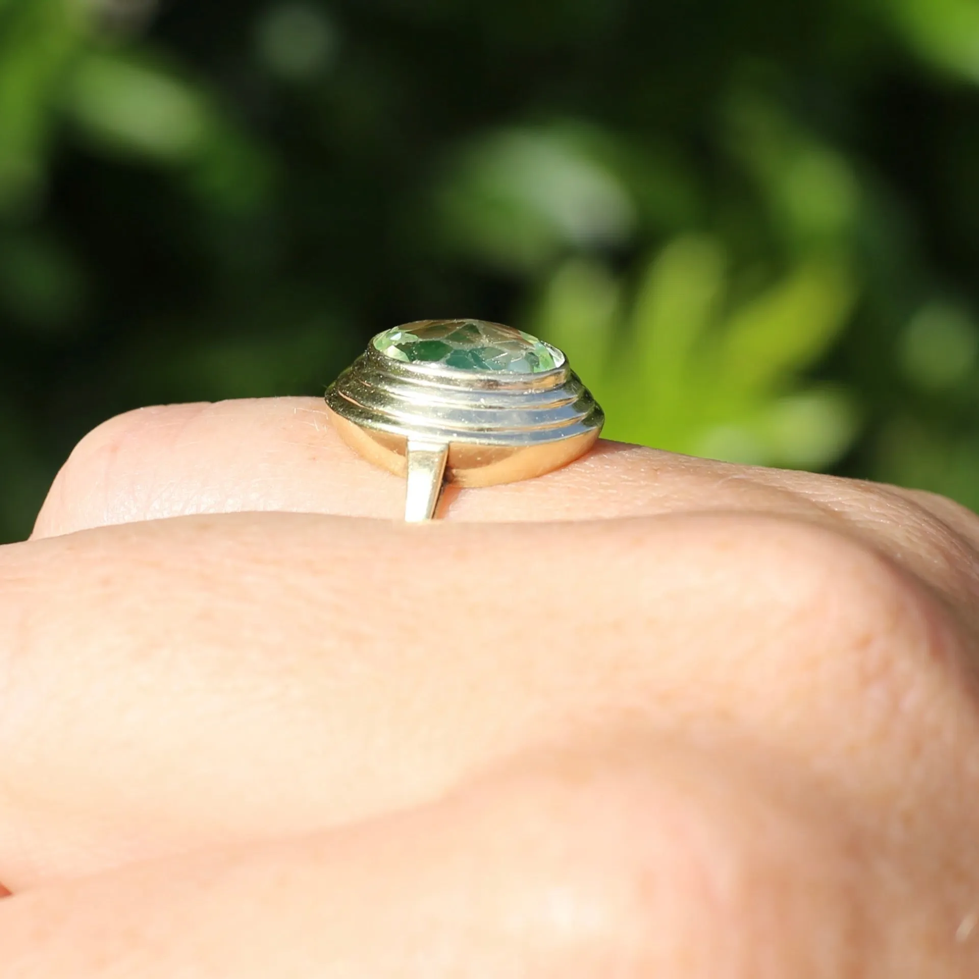 Oval Fancy Cut Uranium Glass Ring, 14ct Yellow Gold, size O1/2 or 7.5