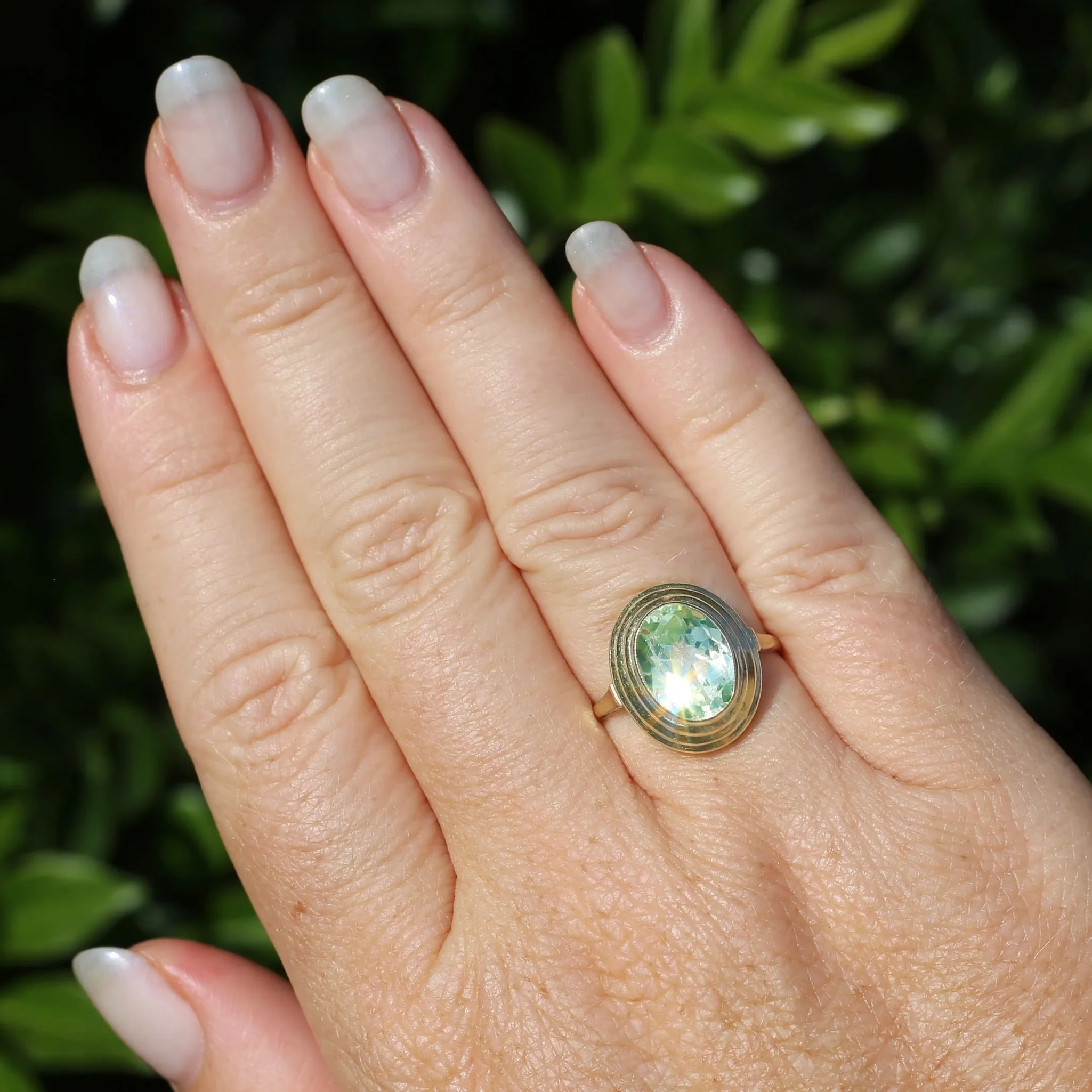 Oval Fancy Cut Uranium Glass Ring, 14ct Yellow Gold, size O1/2 or 7.5