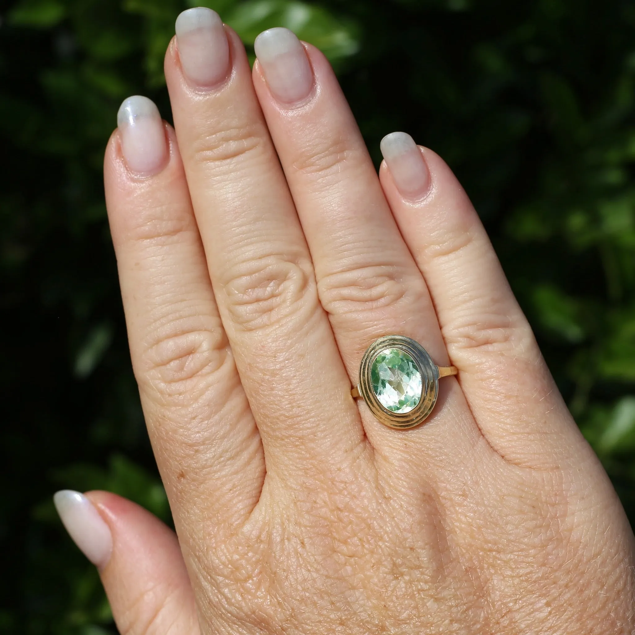 Oval Fancy Cut Uranium Glass Ring, 14ct Yellow Gold, size O1/2 or 7.5