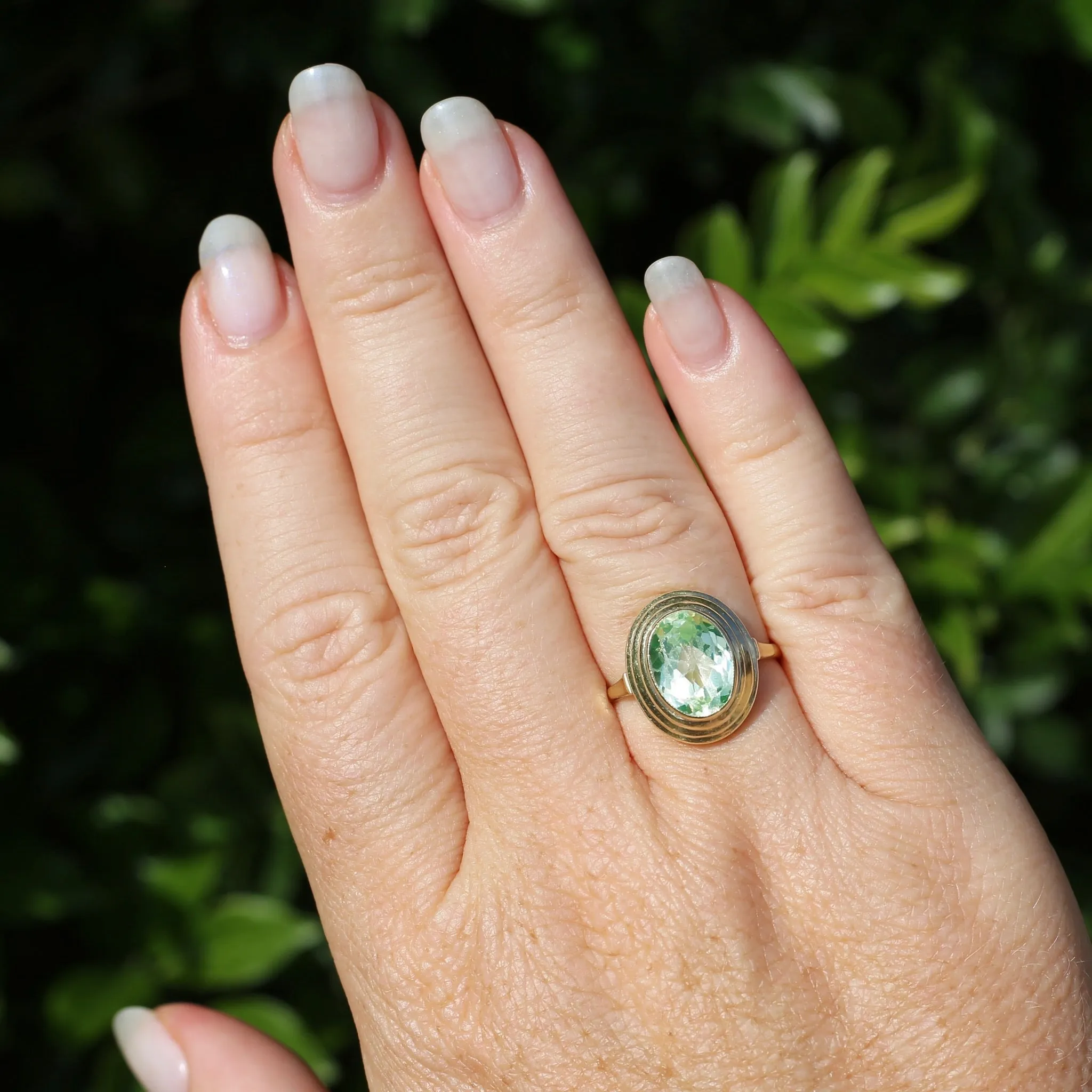 Oval Fancy Cut Uranium Glass Ring, 14ct Yellow Gold, size O1/2 or 7.5