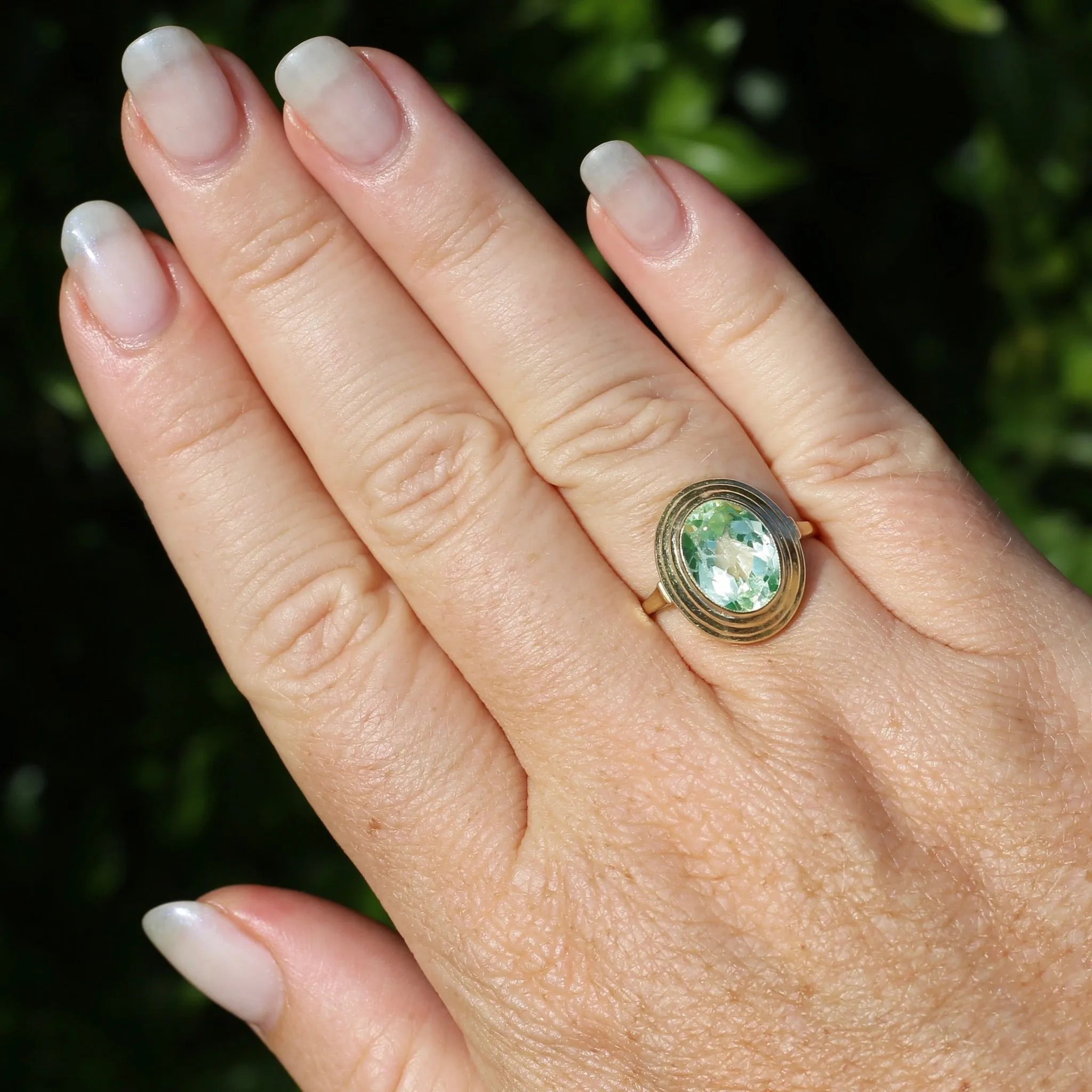 Oval Fancy Cut Uranium Glass Ring, 14ct Yellow Gold, size O1/2 or 7.5