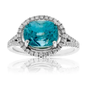 Oval Shaped Blue Zircon with Diamond Halo