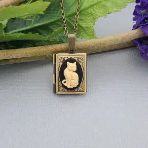 Ox Brass Book Locket Cat Cameo Handmade Necklace Jewelry.