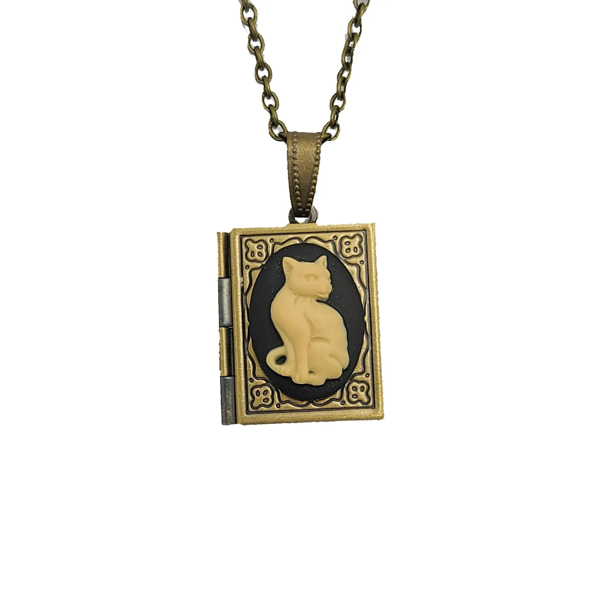 Ox Brass Book Locket Cat Cameo Handmade Necklace Jewelry.