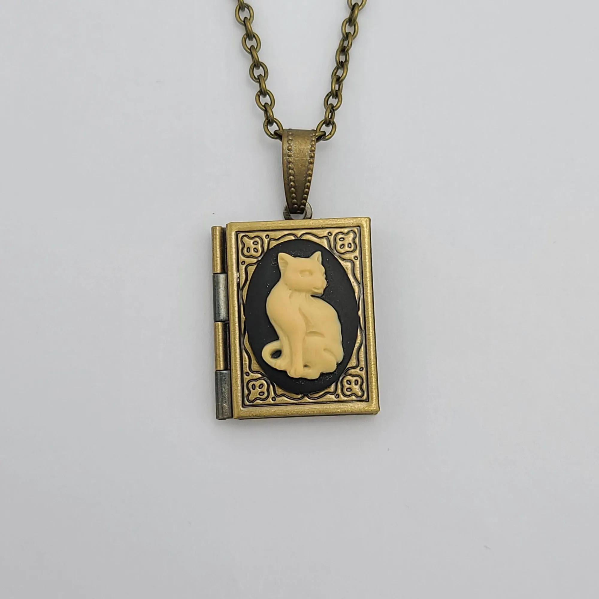 Ox Brass Book Locket Cat Cameo Handmade Necklace Jewelry.