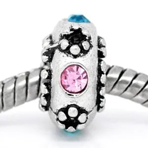 Pink and Aquamarine  Rhinestone European Bead Compatible for Most European Snake Chain Bracelet