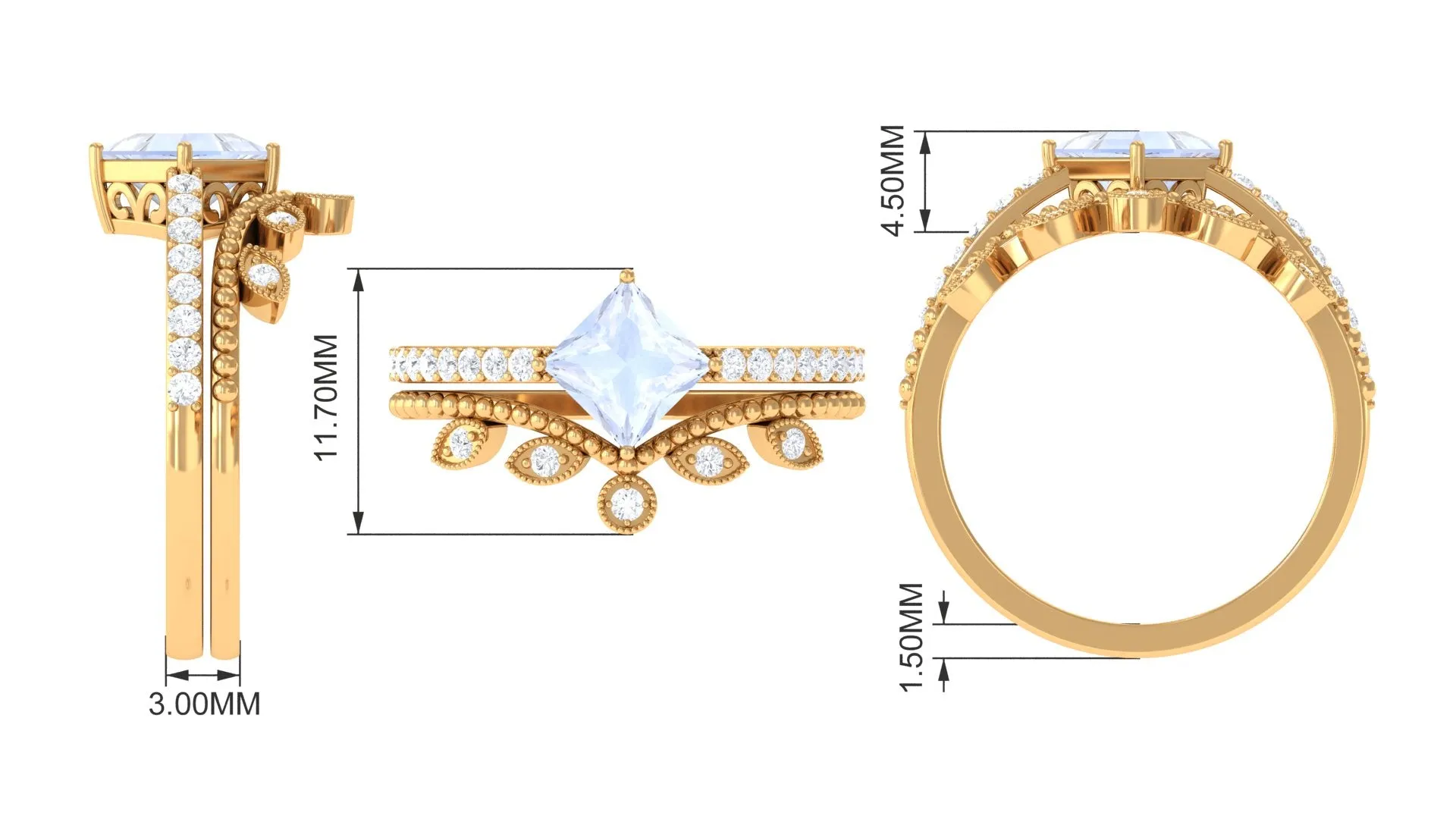 Princess Cut Moonstone Vintage Ring Set with Diamond