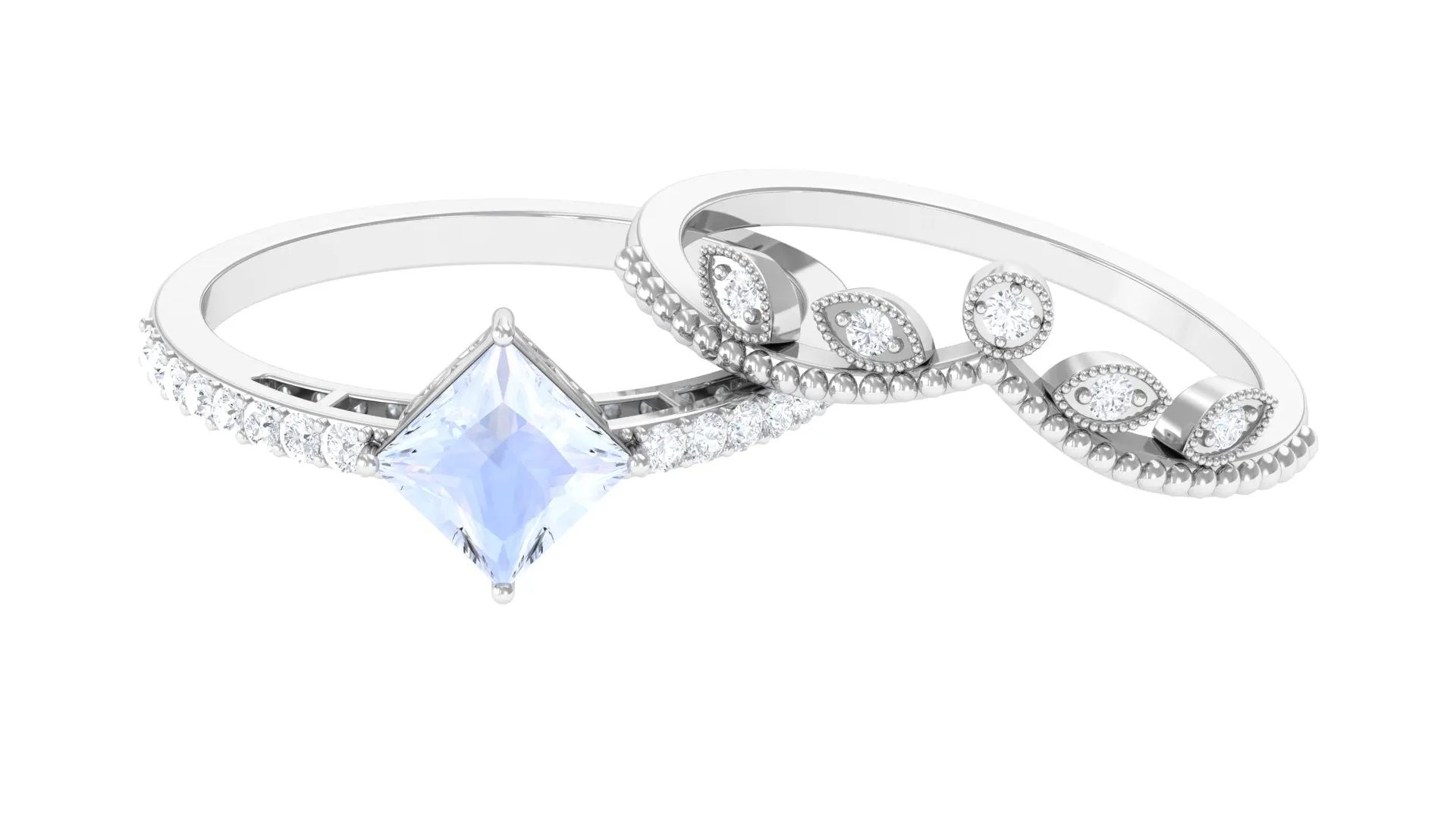 Princess Cut Moonstone Vintage Ring Set with Diamond