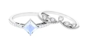 Princess Cut Moonstone Vintage Ring Set with Diamond