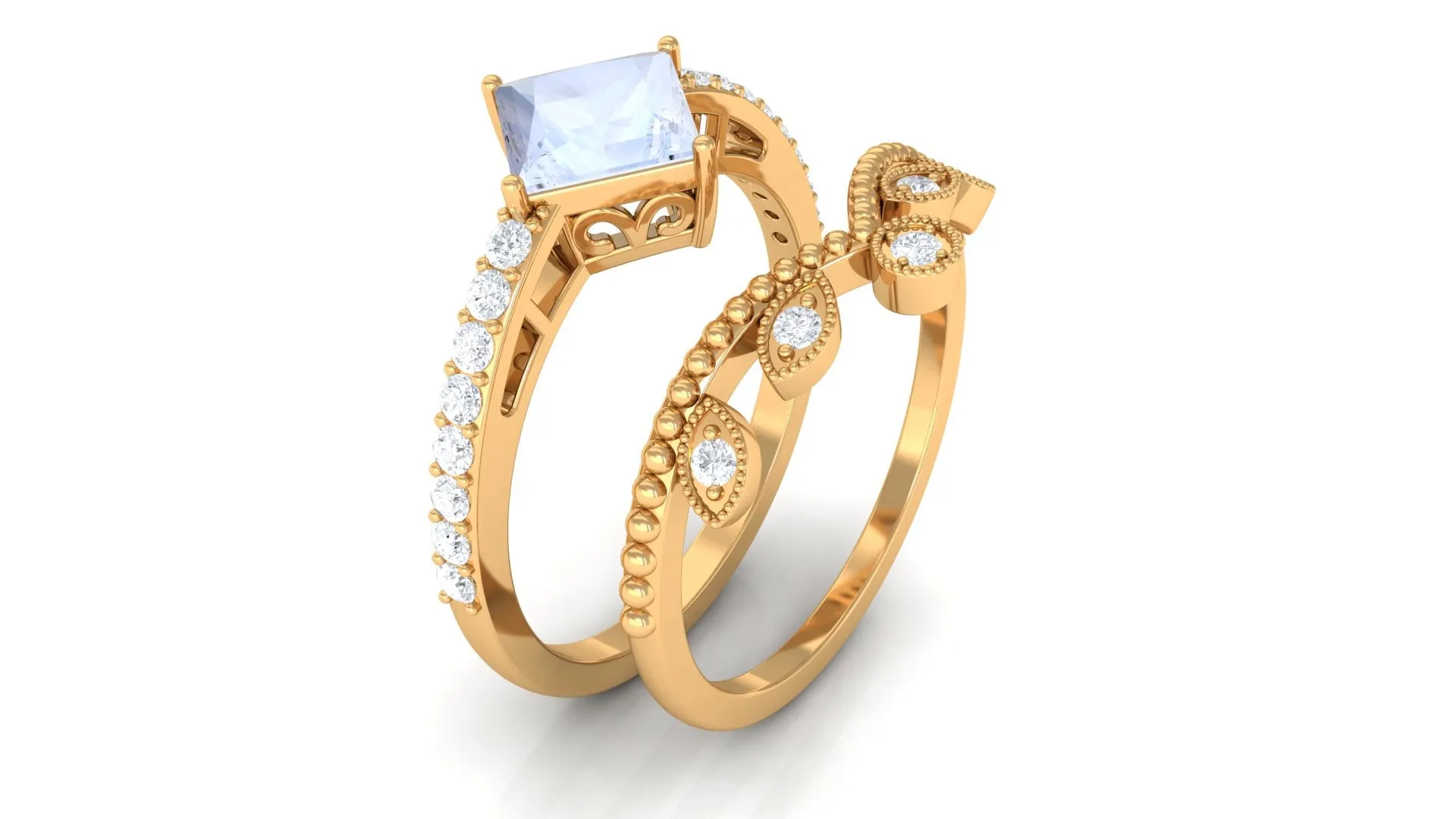 Princess Cut Moonstone Vintage Ring Set with Diamond