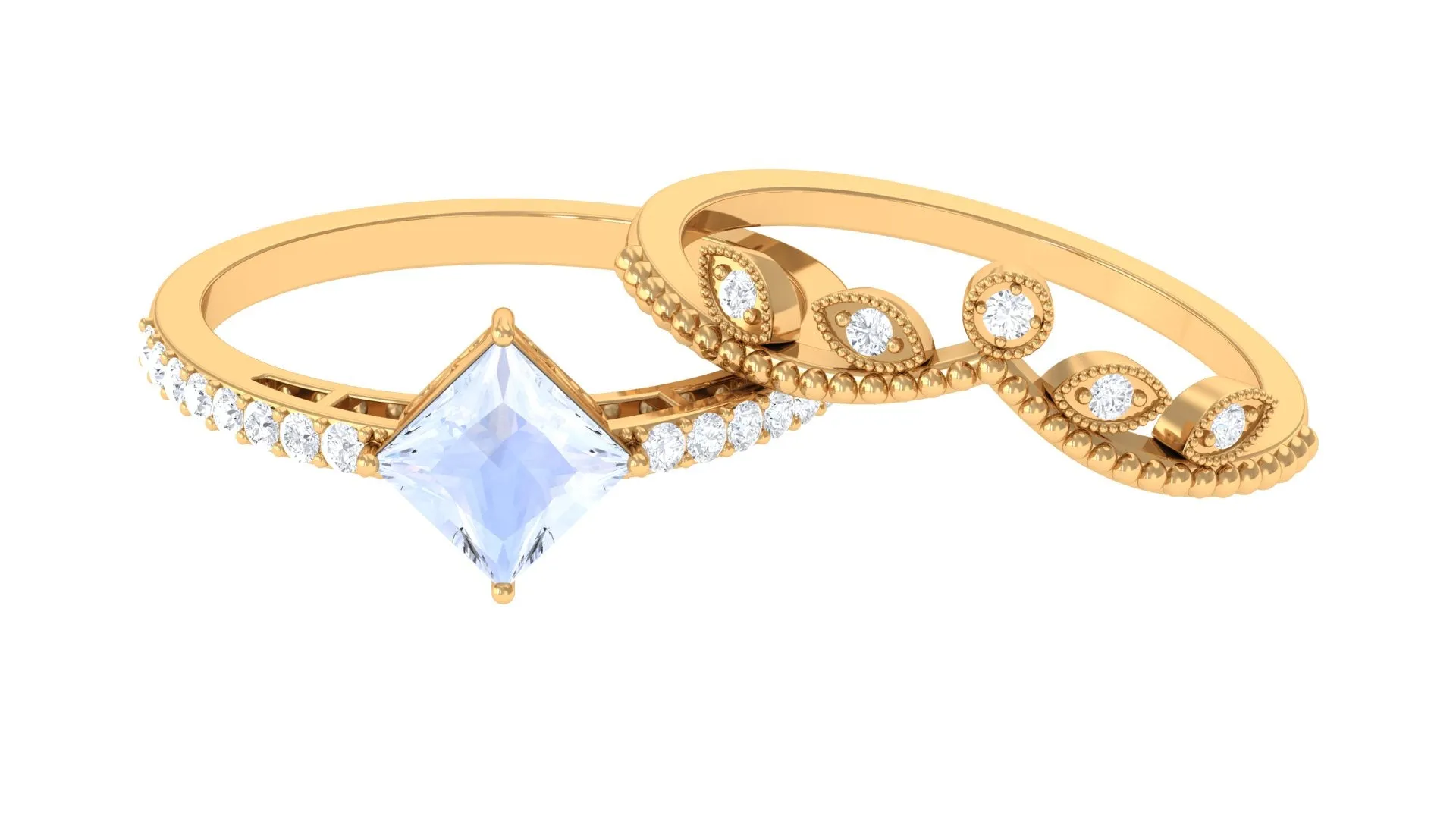 Princess Cut Moonstone Vintage Ring Set with Diamond