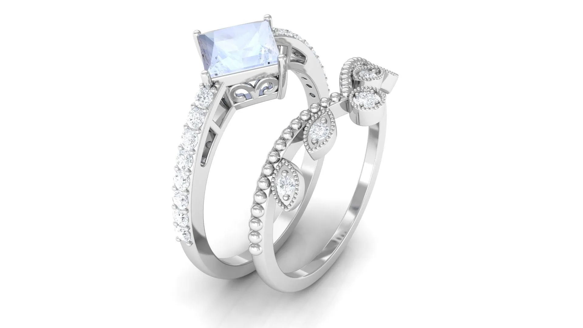 Princess Cut Moonstone Vintage Ring Set with Diamond