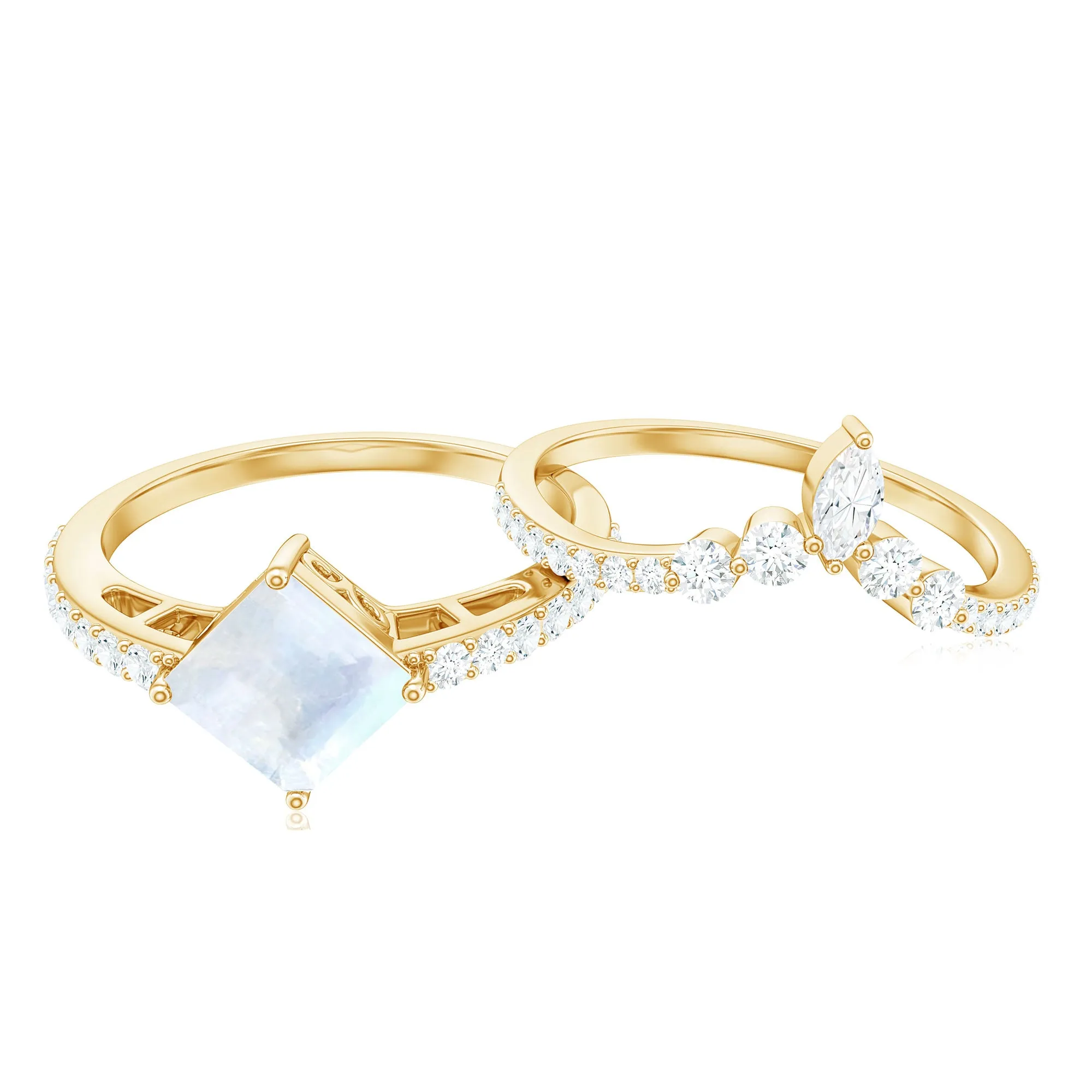 Princess Cut Solitaire Moonstone Designer Ring Set with Diamond
