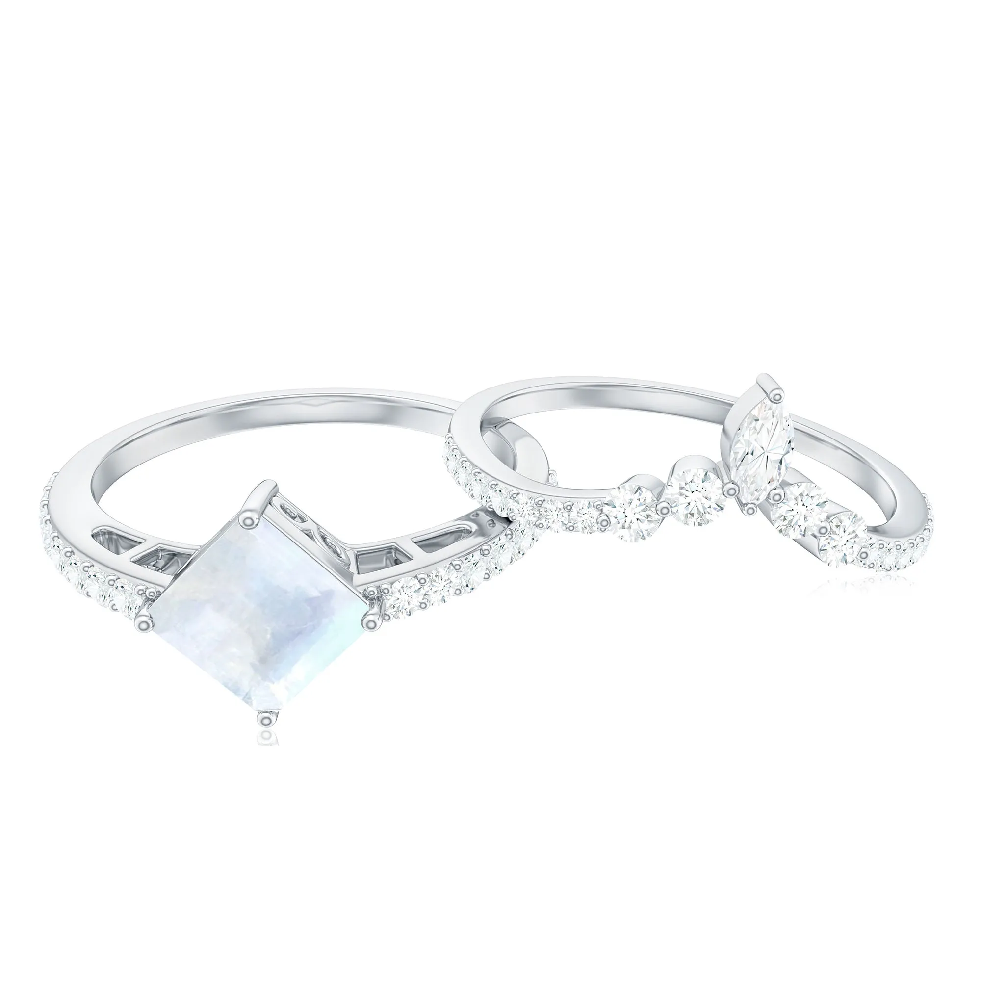 Princess Cut Solitaire Moonstone Designer Ring Set with Diamond