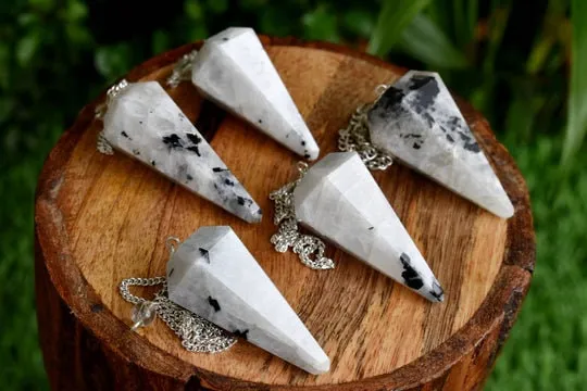 Rainbow Moonstone Faceted Hexagon Pendulum, Crystal Pendulum