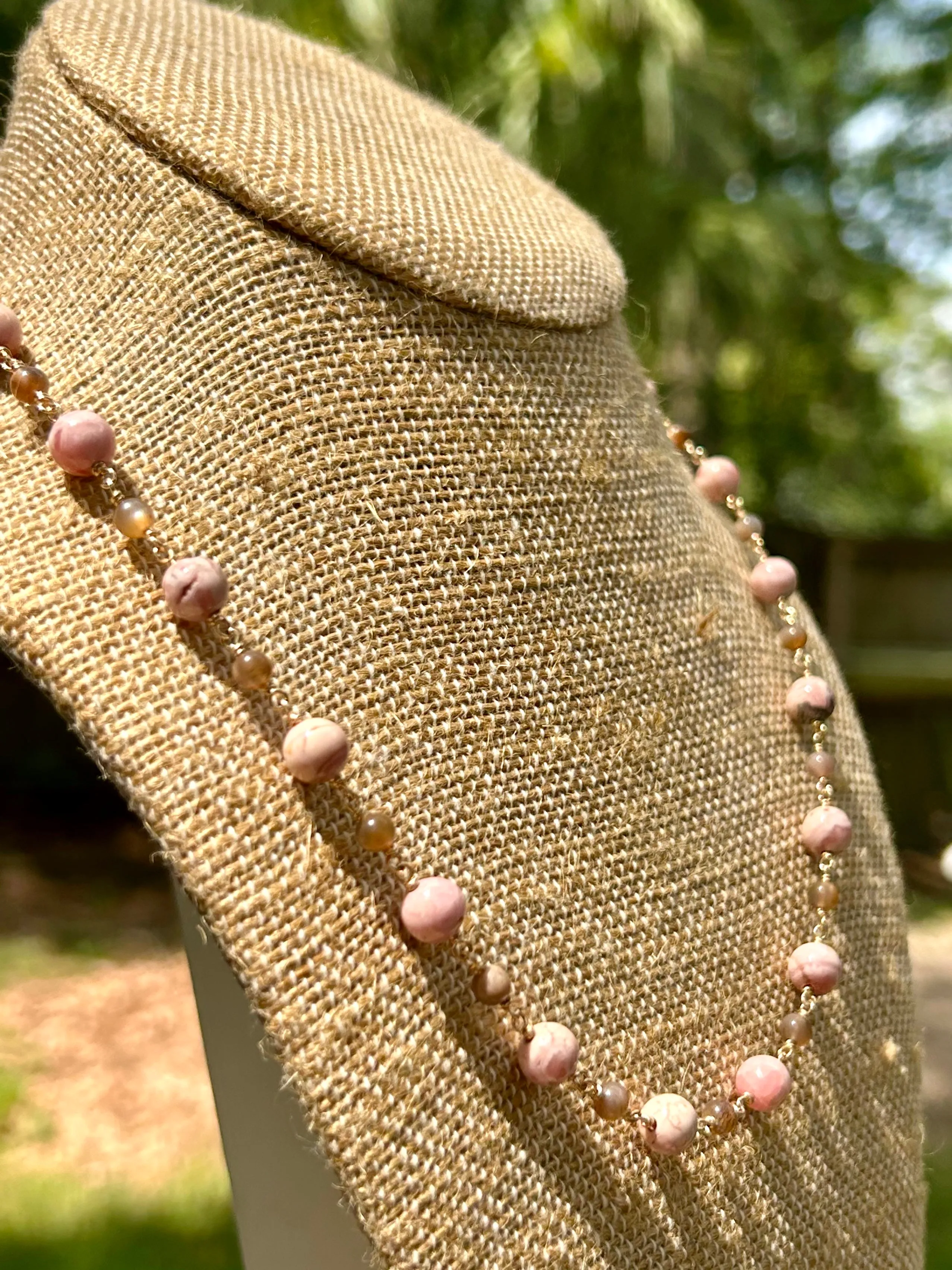 Rhodochrosite & Moonstone 14k Gold Fill Chain Link Gemstone Wire Wrapped Necklace