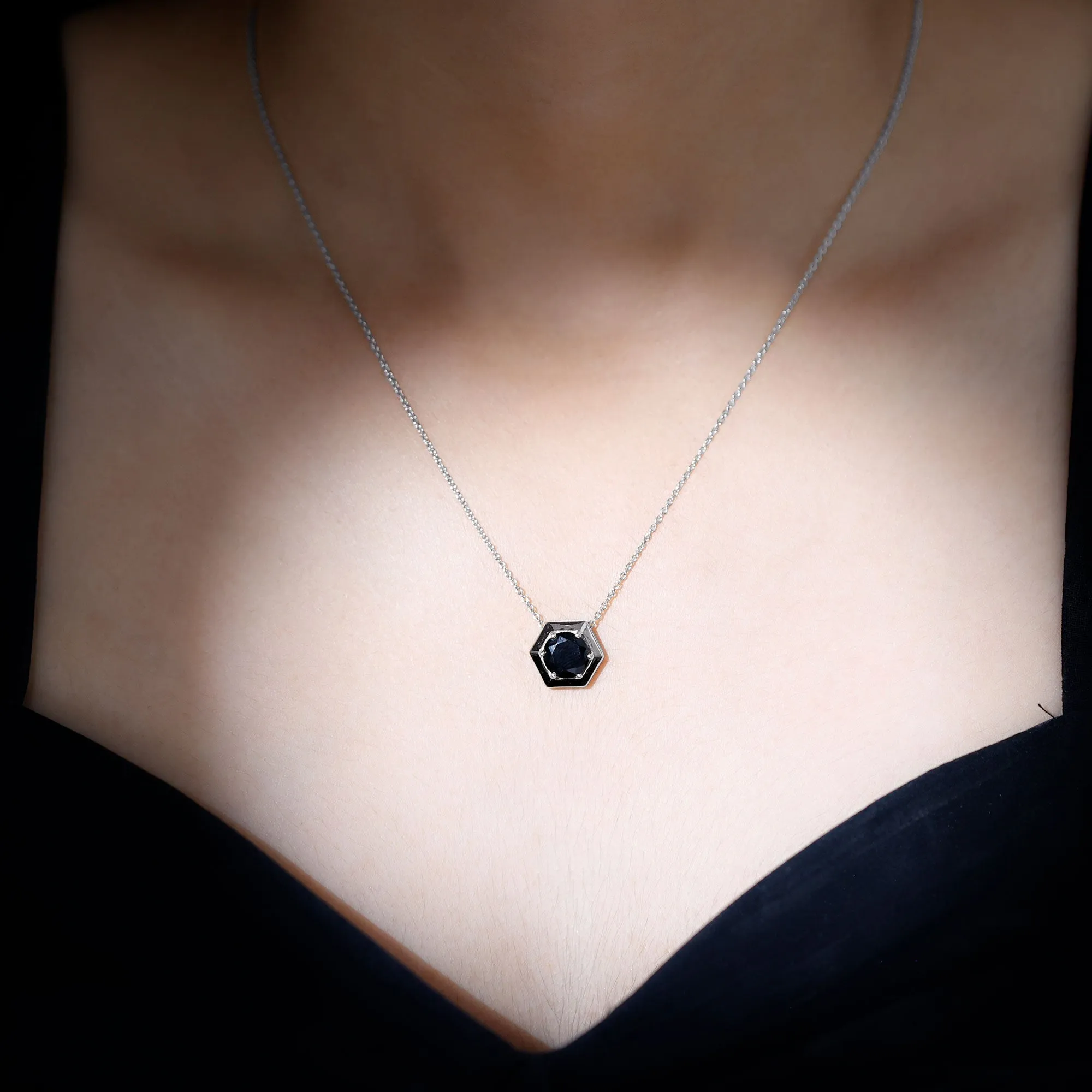 Round Created Black Diamond Gold Hexagon Pendant Necklace