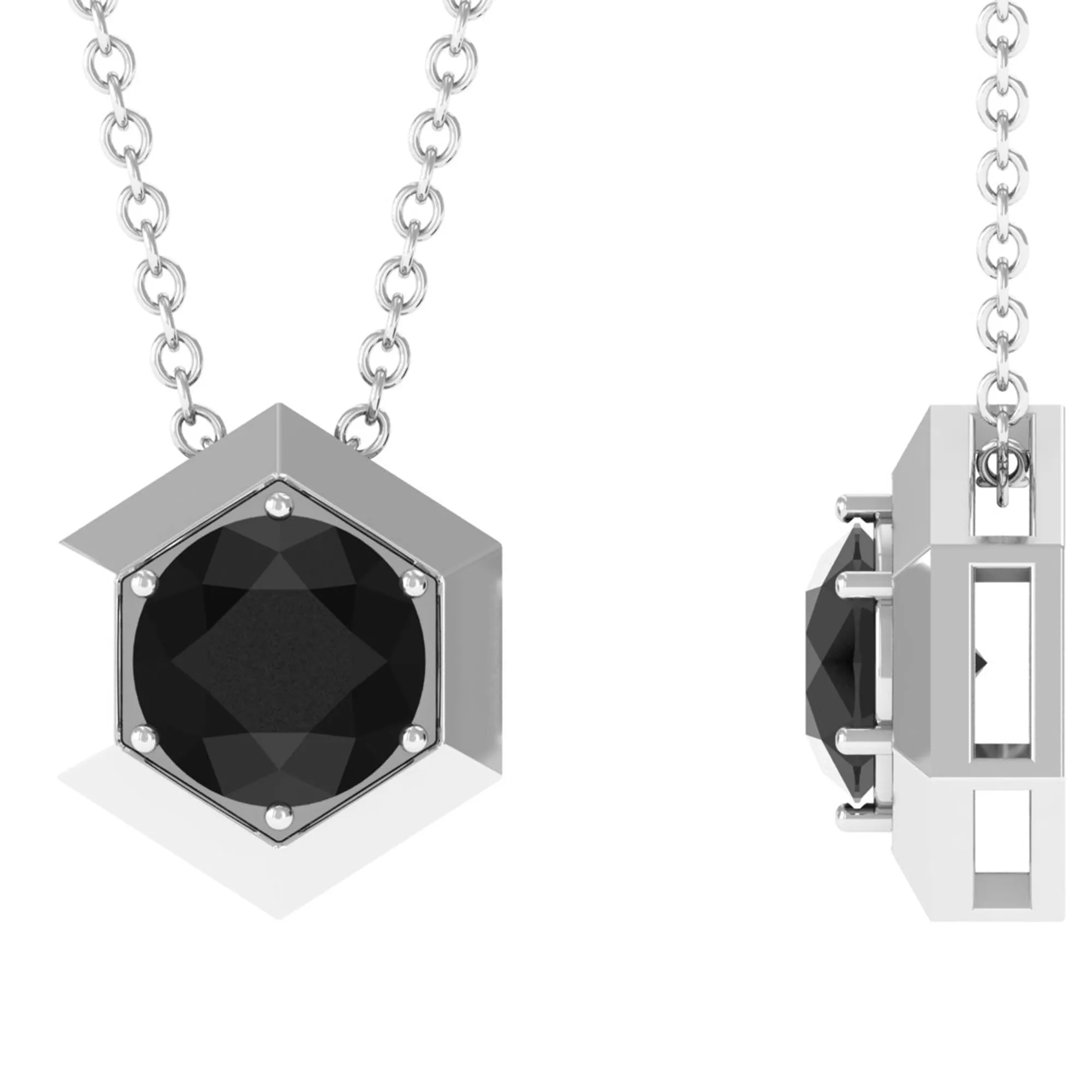 Round Created Black Diamond Gold Hexagon Pendant Necklace