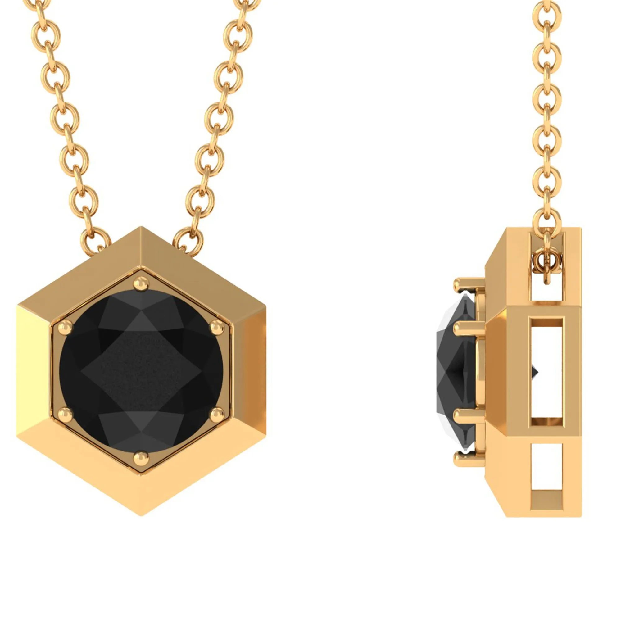 Round Created Black Diamond Gold Hexagon Pendant Necklace