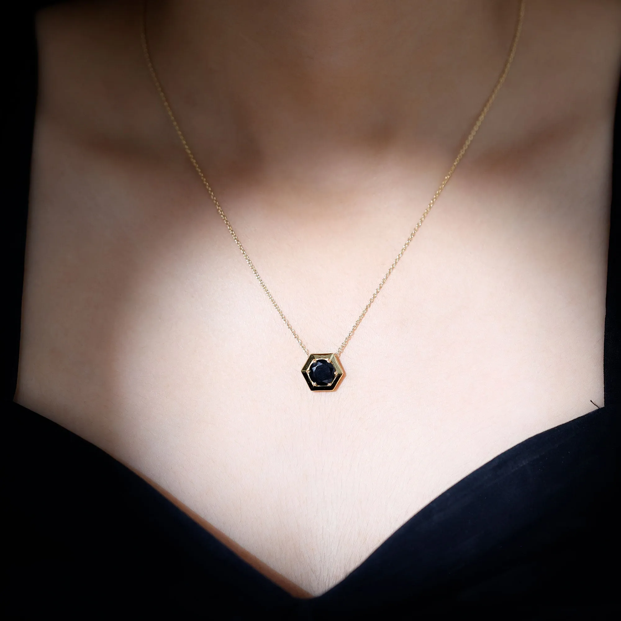 Round Created Black Diamond Gold Hexagon Pendant Necklace