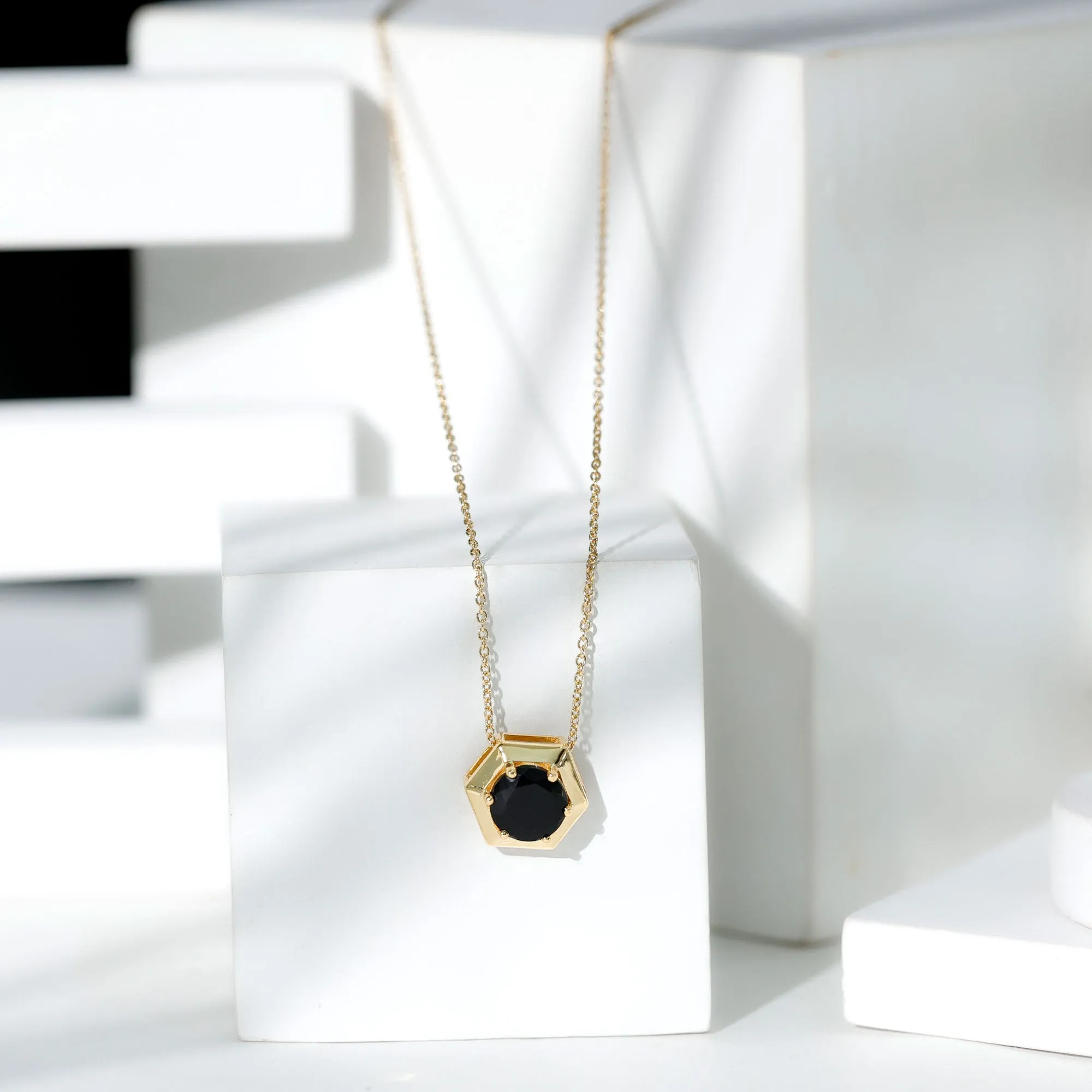 Round Created Black Diamond Gold Hexagon Pendant Necklace
