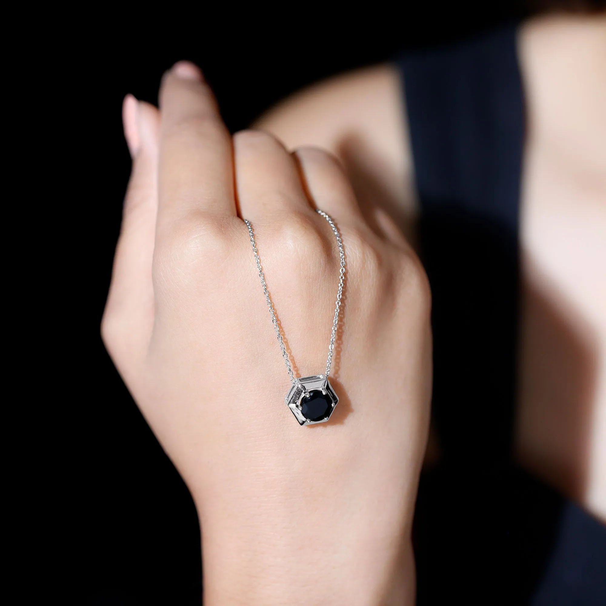 Round Created Black Diamond Gold Hexagon Pendant Necklace