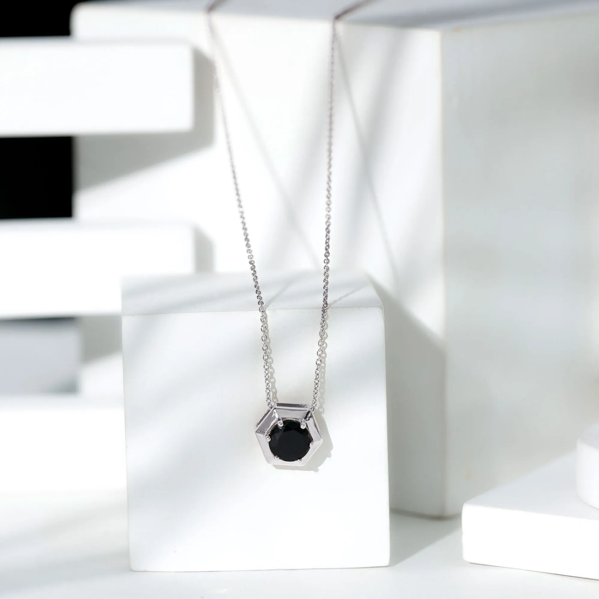 Round Created Black Diamond Gold Hexagon Pendant Necklace