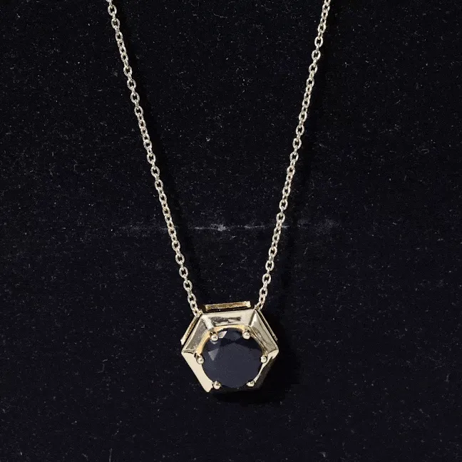 Round Created Black Diamond Gold Hexagon Pendant Necklace