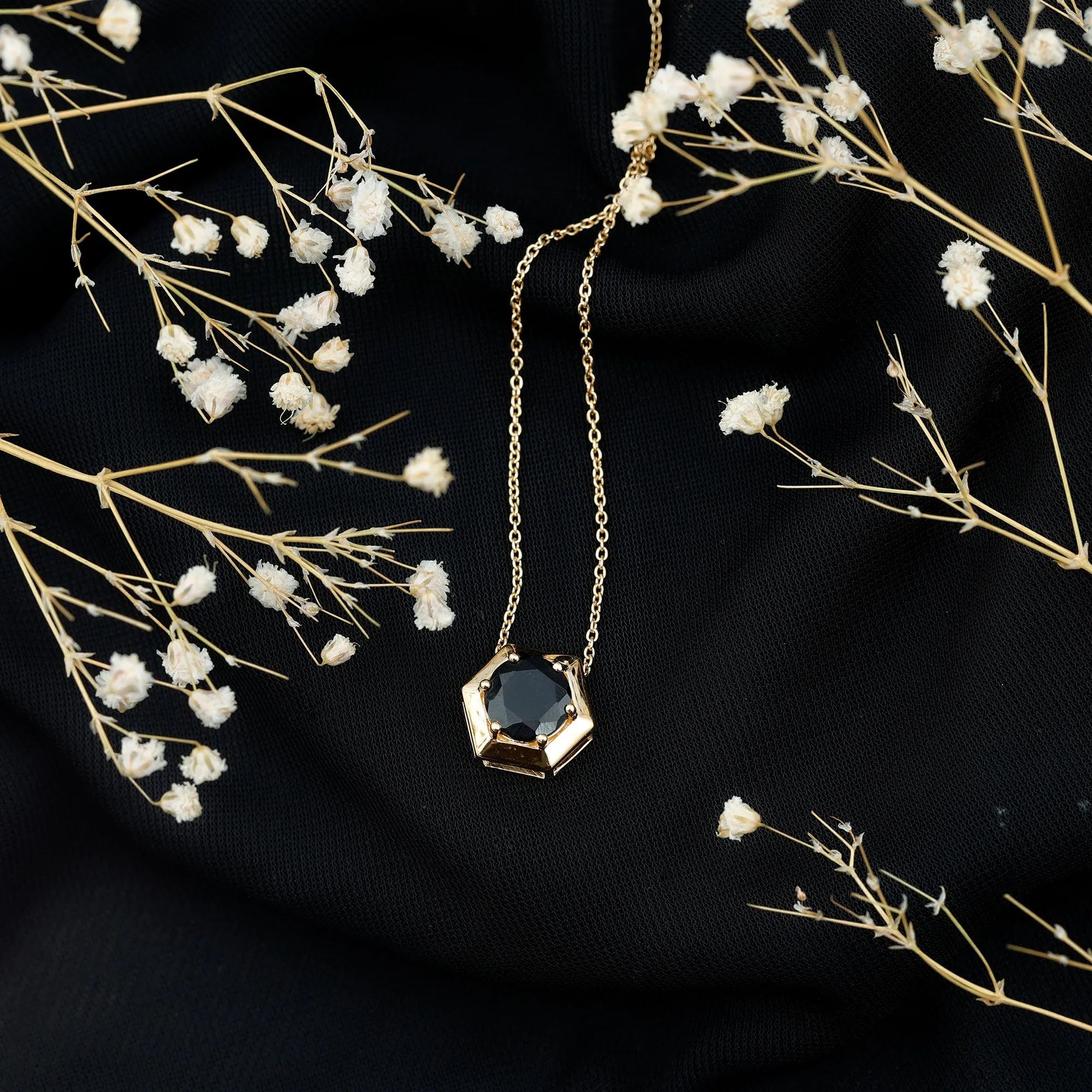 Round Created Black Diamond Gold Hexagon Pendant Necklace
