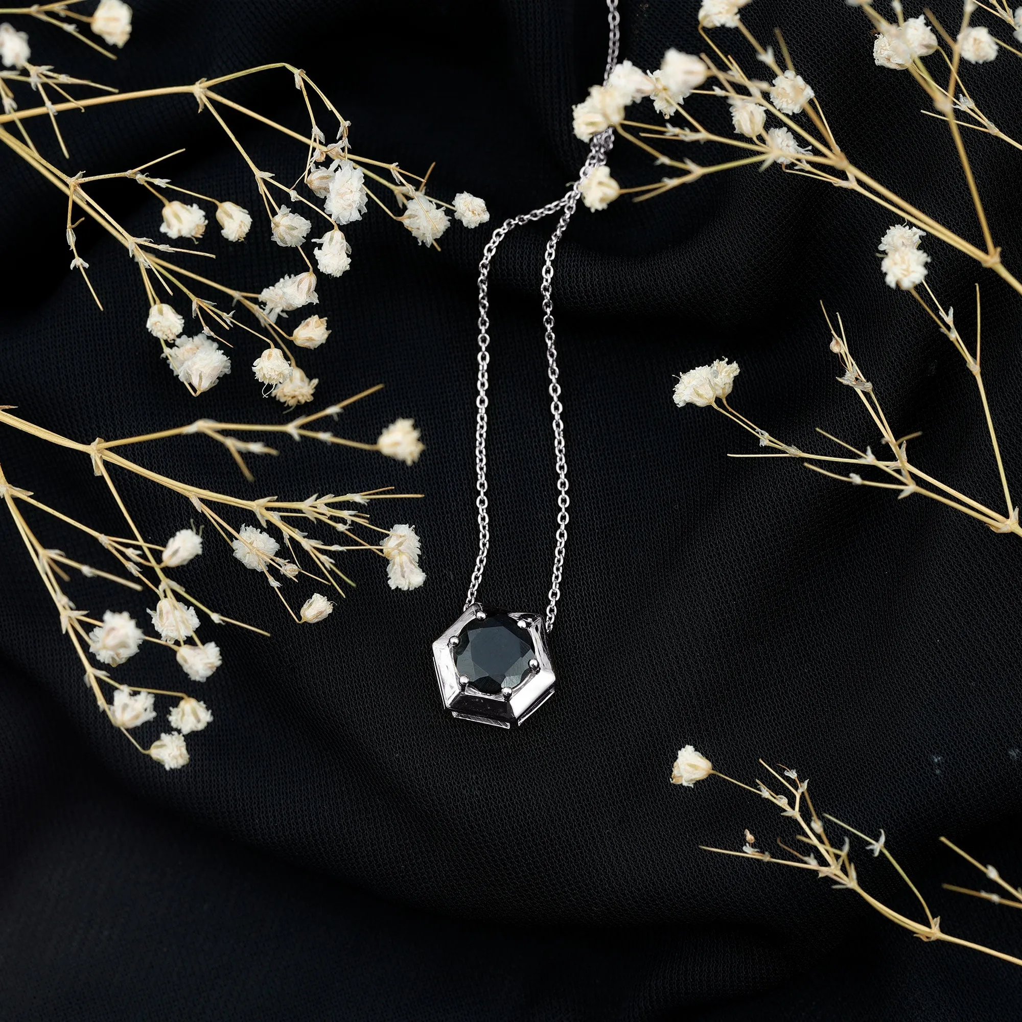 Round Created Black Diamond Gold Hexagon Pendant Necklace