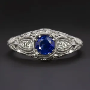 SAPPHIRE DIAMOND VINTAGE STYLE RING ENGAGEMENT 14k WHITE GOLD NATURAL FILIGREE