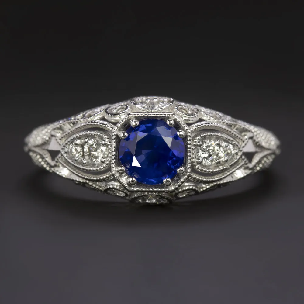 SAPPHIRE DIAMOND VINTAGE STYLE RING ENGAGEMENT 14k WHITE GOLD NATURAL FILIGREE