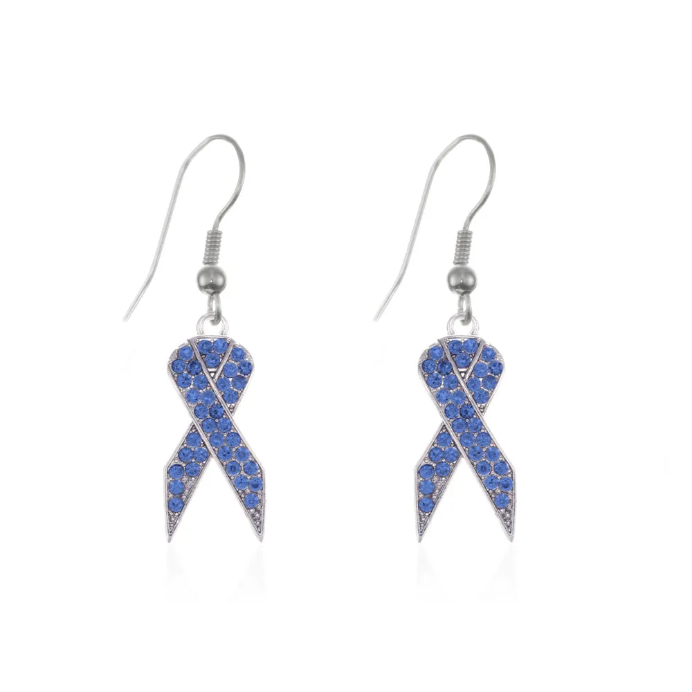 Silver Blue Ribbon Charm Dangle Earrings