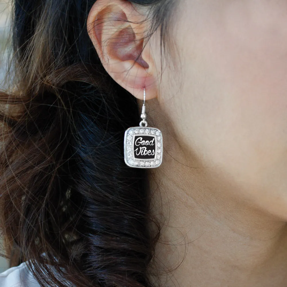 Silver Good Vibes Square Charm Dangle Earrings