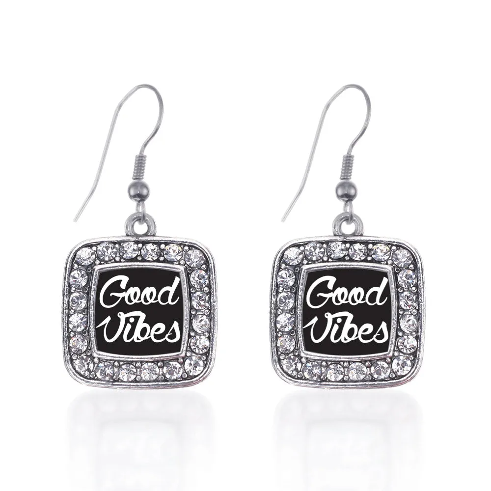 Silver Good Vibes Square Charm Dangle Earrings