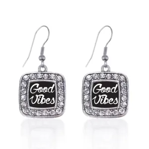 Silver Good Vibes Square Charm Dangle Earrings