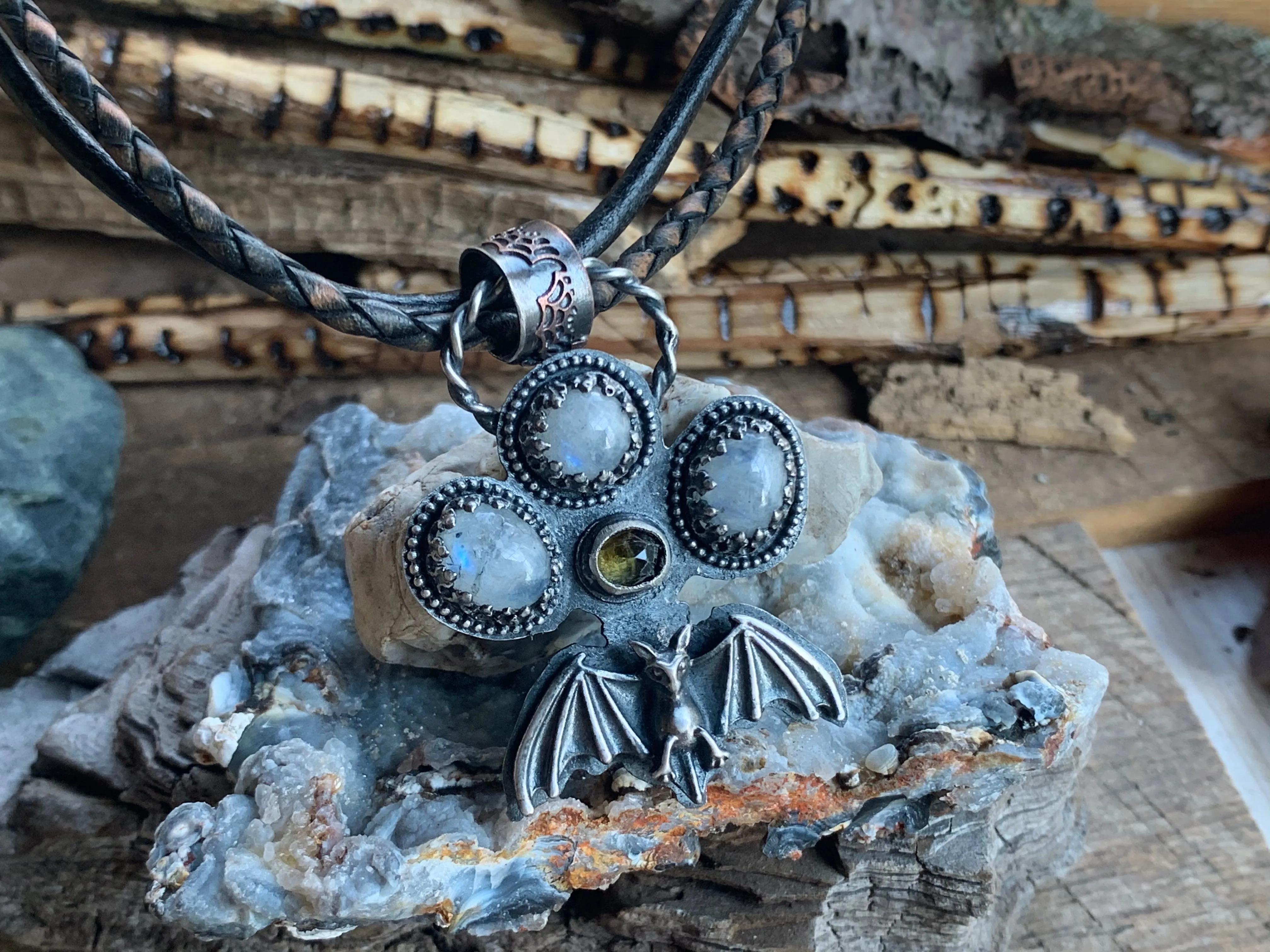 Sterling Silver Moonstone Tourmaline Bat  Necklace