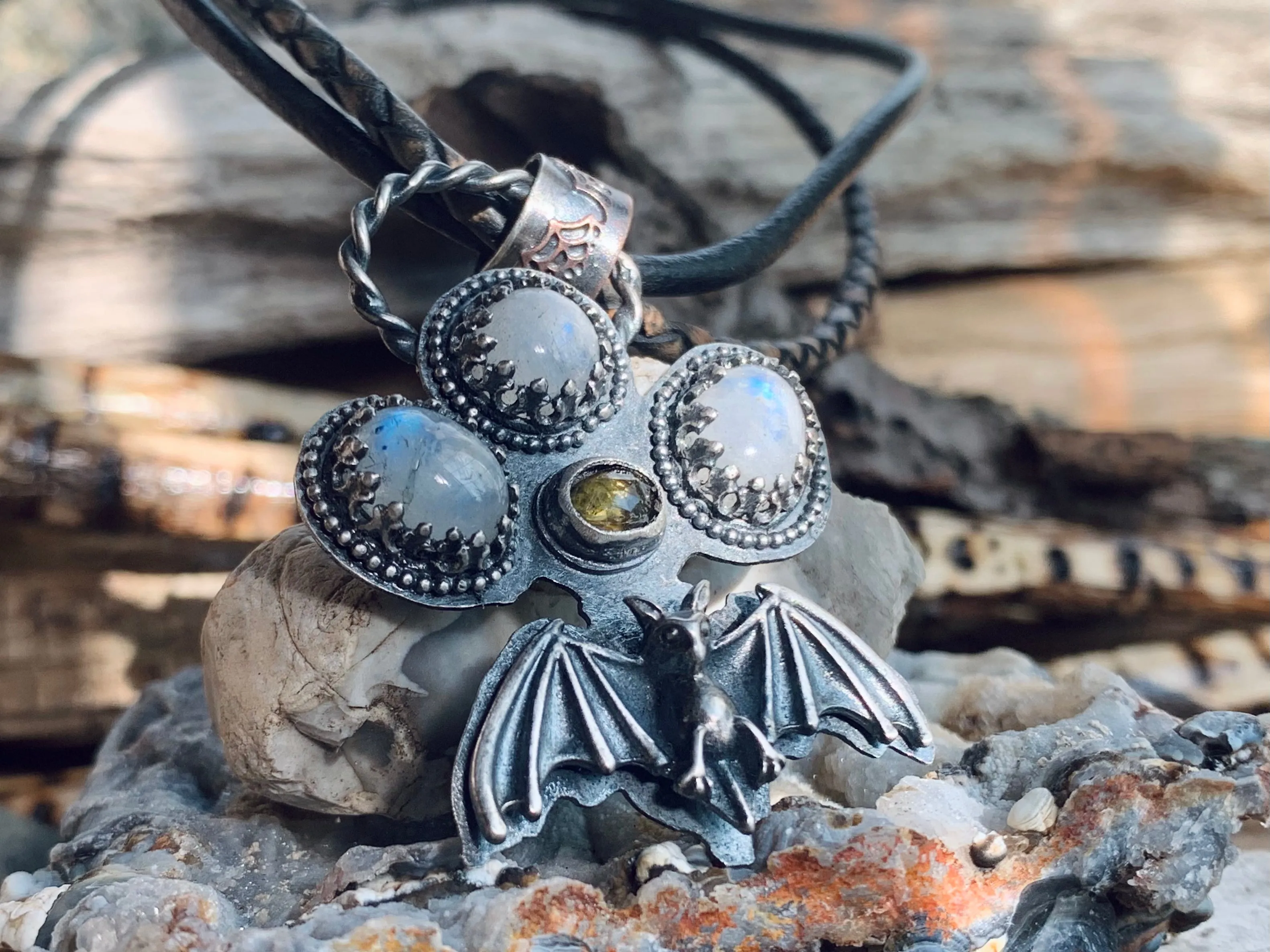 Sterling Silver Moonstone Tourmaline Bat  Necklace