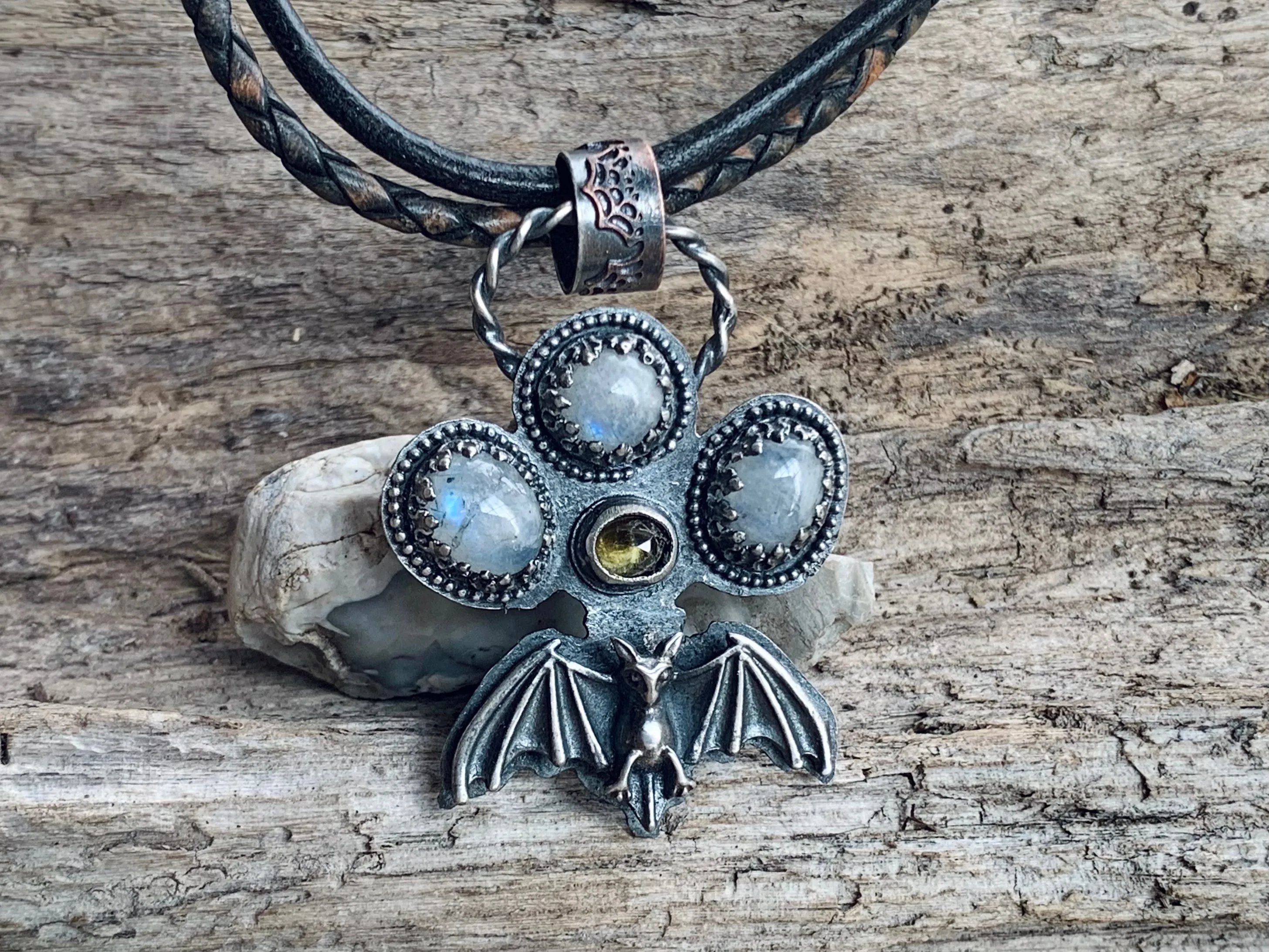 Sterling Silver Moonstone Tourmaline Bat  Necklace