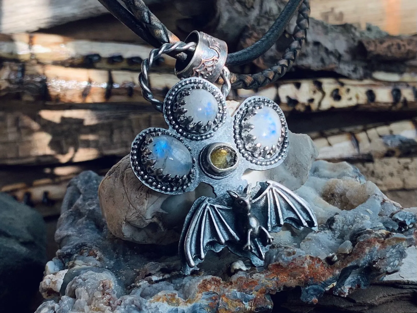 Sterling Silver Moonstone Tourmaline Bat  Necklace
